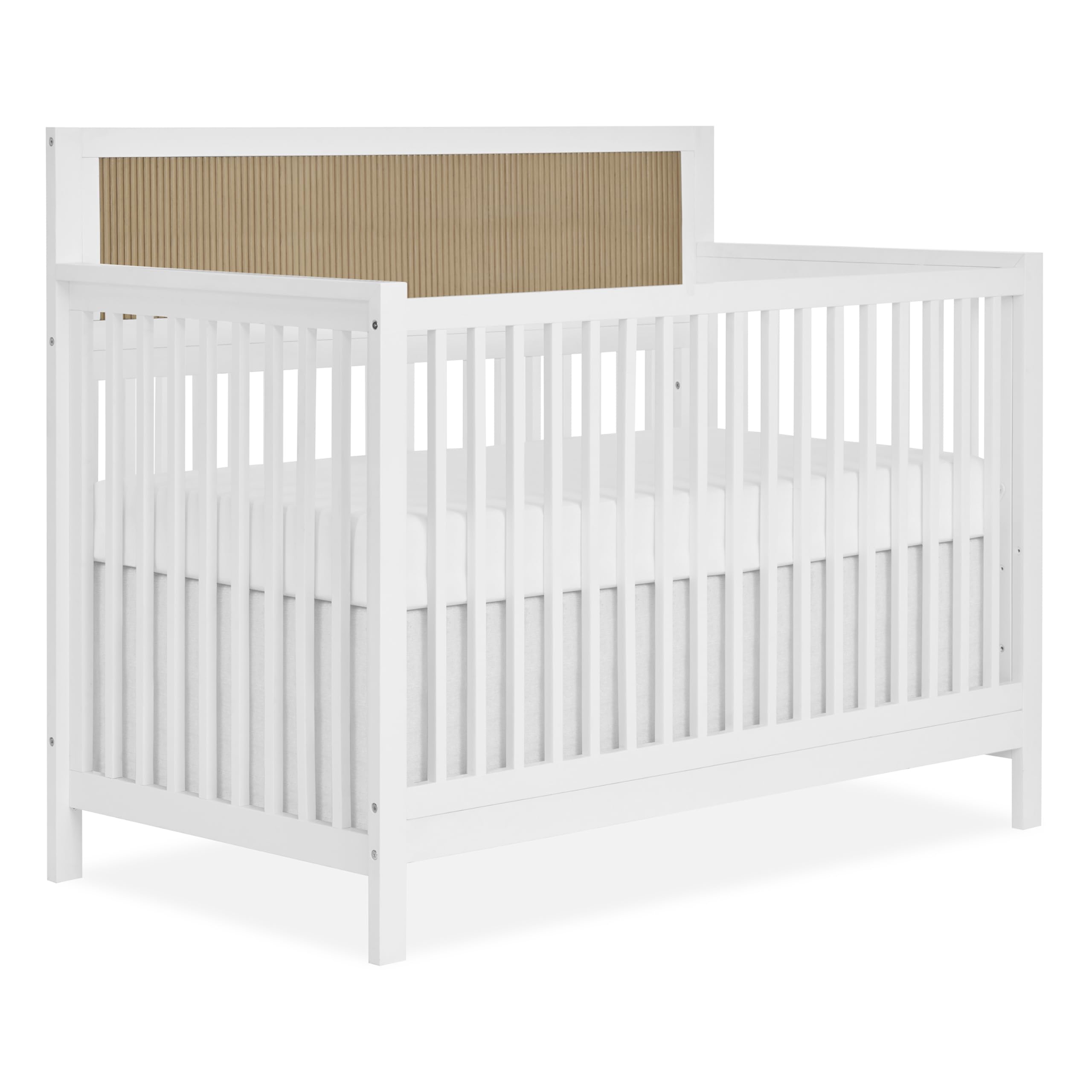 Evolur Byron 5-in-1 Convertible Crib with Moder Square Spindles in White and Chestnut Sleek Tambour Detailing