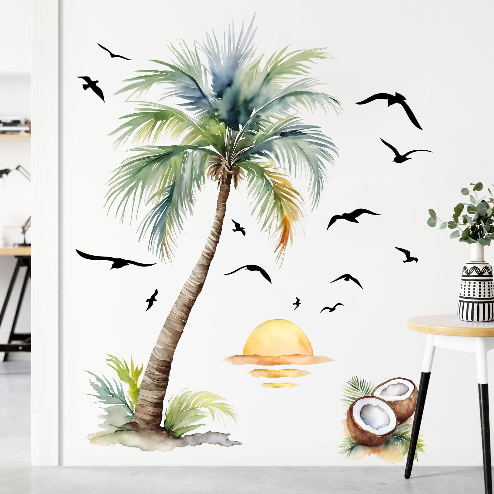 Quadro su tela Decorazioni tropicali moderne Arte da parete rosa Foglia di palma Oceano Spiaggia Immagini per pareti di paesaggi costieri per soggiorno 50x70 cm (19,7x27,6 pollici) x2 Senza cornice