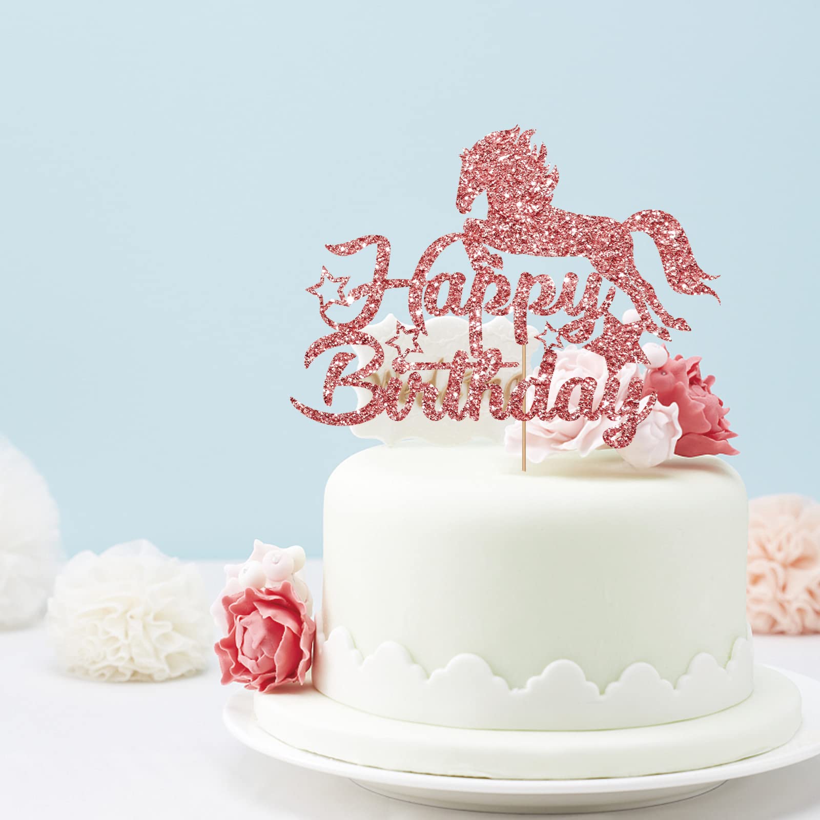 Rose Horse 4 Cake Topper – Rosegoldenes Glitzer-Pferd Zum 4. Geburtstag – Deko Für Kuchen, Party & Foto-Requisite – Hochwertiges Glitzerpapier
