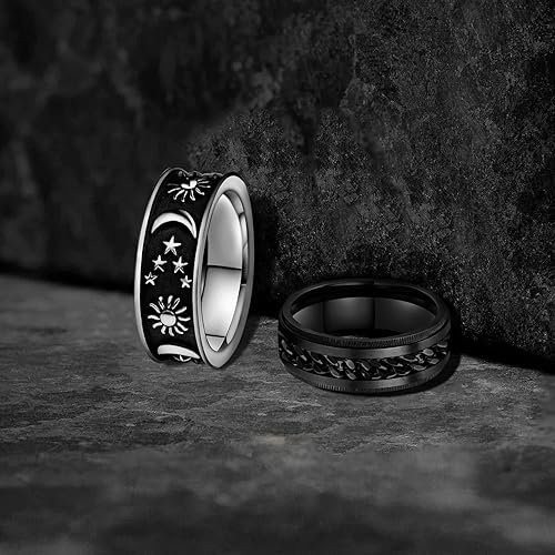 Miniatura 6 de Anillo giratorio para hombre para aliviar la ansiedad 0.315in de acero inoxidable negro con incrustaciones de anillo de ansiedad, joyería tamaño de