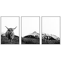 SIGNWIN 3 Piece Framed Canvas Wall Art Highland Cattle in Front of Snowy Mountain Duotone Black and White Canvas Prints Home Artwork Decoration for Living Room,Bedroom - 16