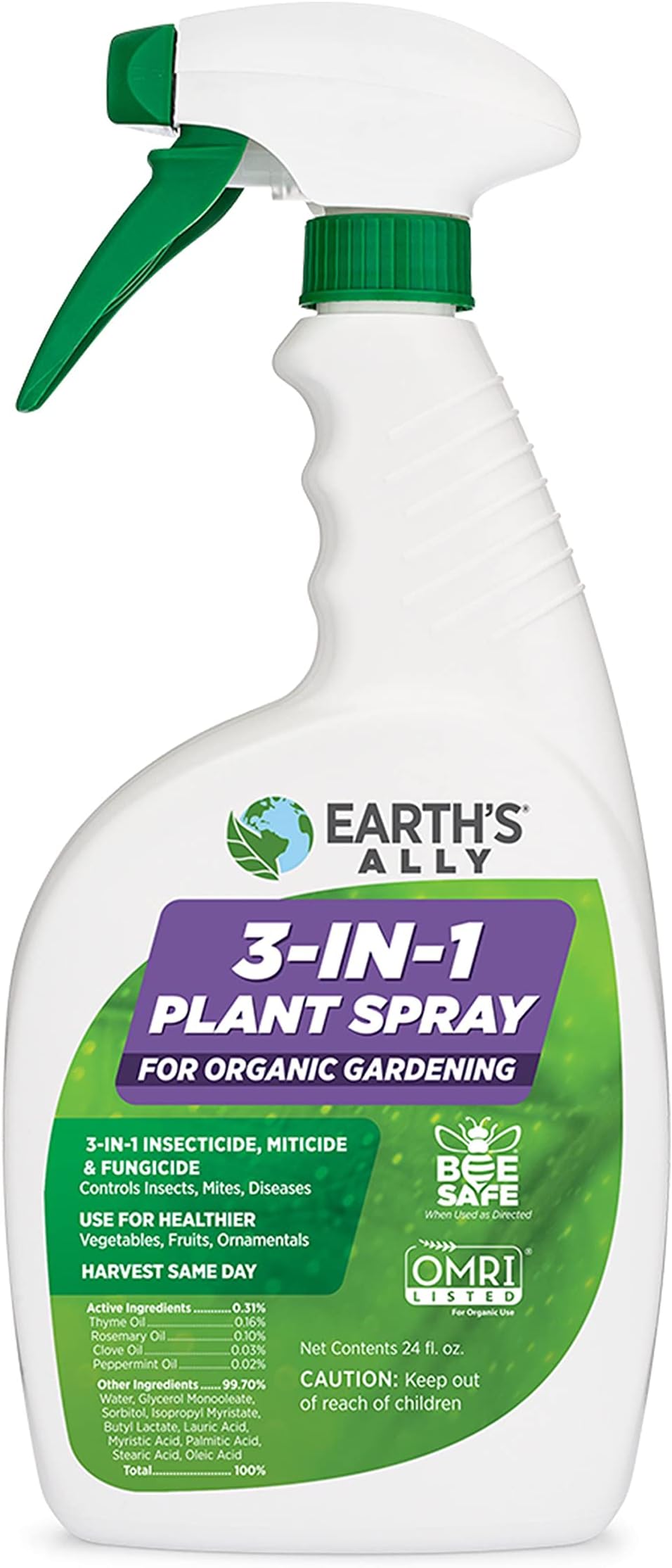 Earth's Ally 3-in-1 Plant Spray for Pests and Disease - Organic Insecticide, Fungicide and Spider Mite Control - OMRI Listed Indoor Outdoor Garden Spray - Safe for Pollinators, Kids and Pets - 24 oz