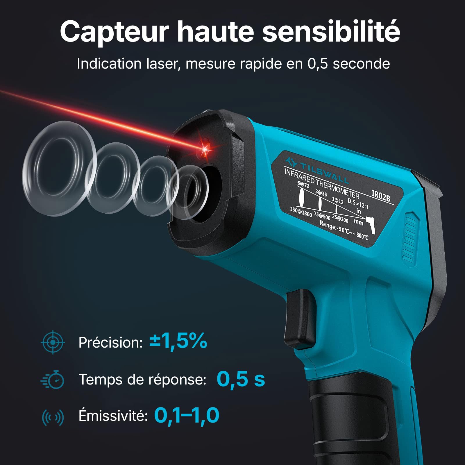 Tilswall Thermomètre Infrarouge,-50°~800℃ (-58°~1472℉) Pistolet de Température Sans Contact Laser Emissivité Réglable Thermomètre Pistolet cuisine/Circuit/industrie (pas pour l'homme) Bleu, W300