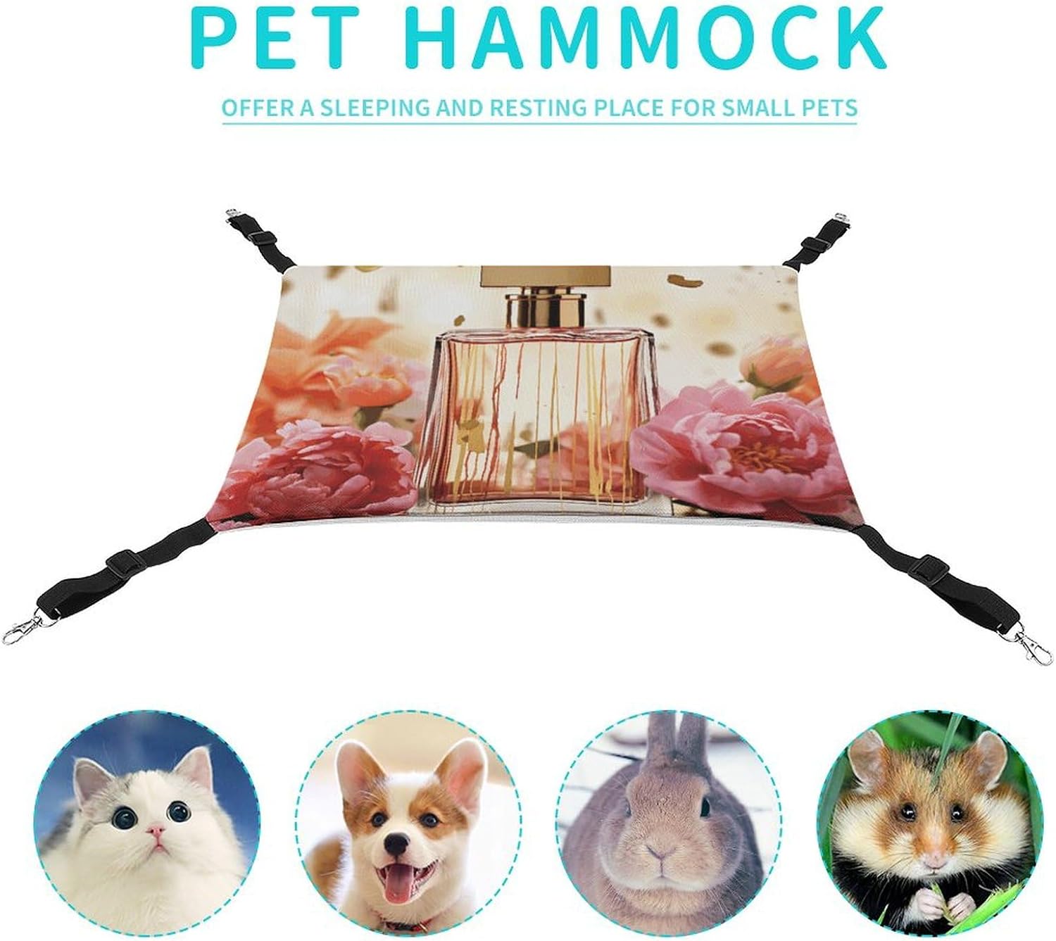 review Hanging Pet Hammock, Fashion Perfume Printed Soft Breathable Pet Hammock with Adjustable Straps and Metal Hooks for Cats Small Dogs Rabbits Sugar Gliders