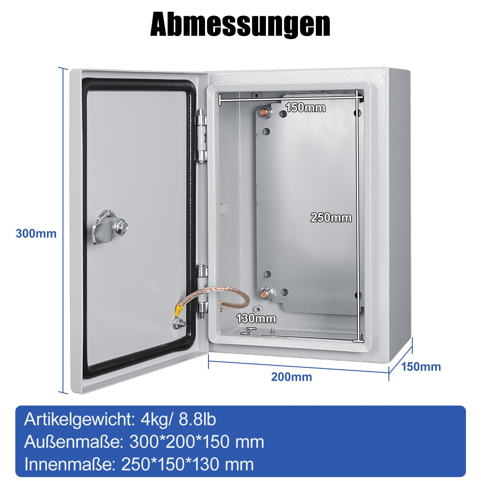 LeMotech Stahlschaltschrank, IP66 Wasserdichte Anschlusskasten, Abschließbarer Schaltkasten, Elektrogehäuse Mit Eingebaute Montageplatte, Elektrokasten für Außen- Innenbereich, 300×200×150mm