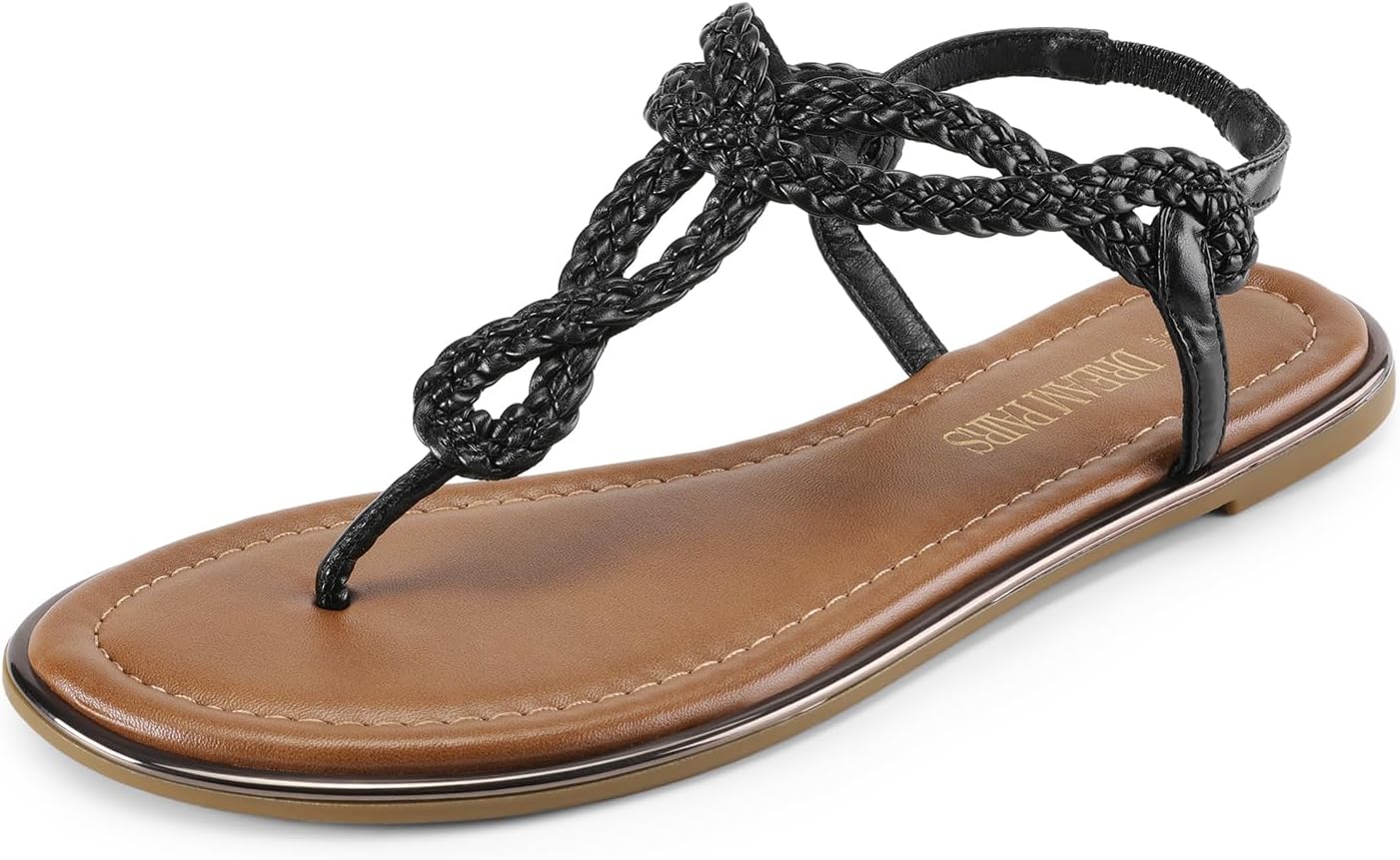 DREAM PAIRS Women's Flat Sandals Dressy Summer Stappy Comfortable Ankle Elastic T-Strap Beach Thong Sandals