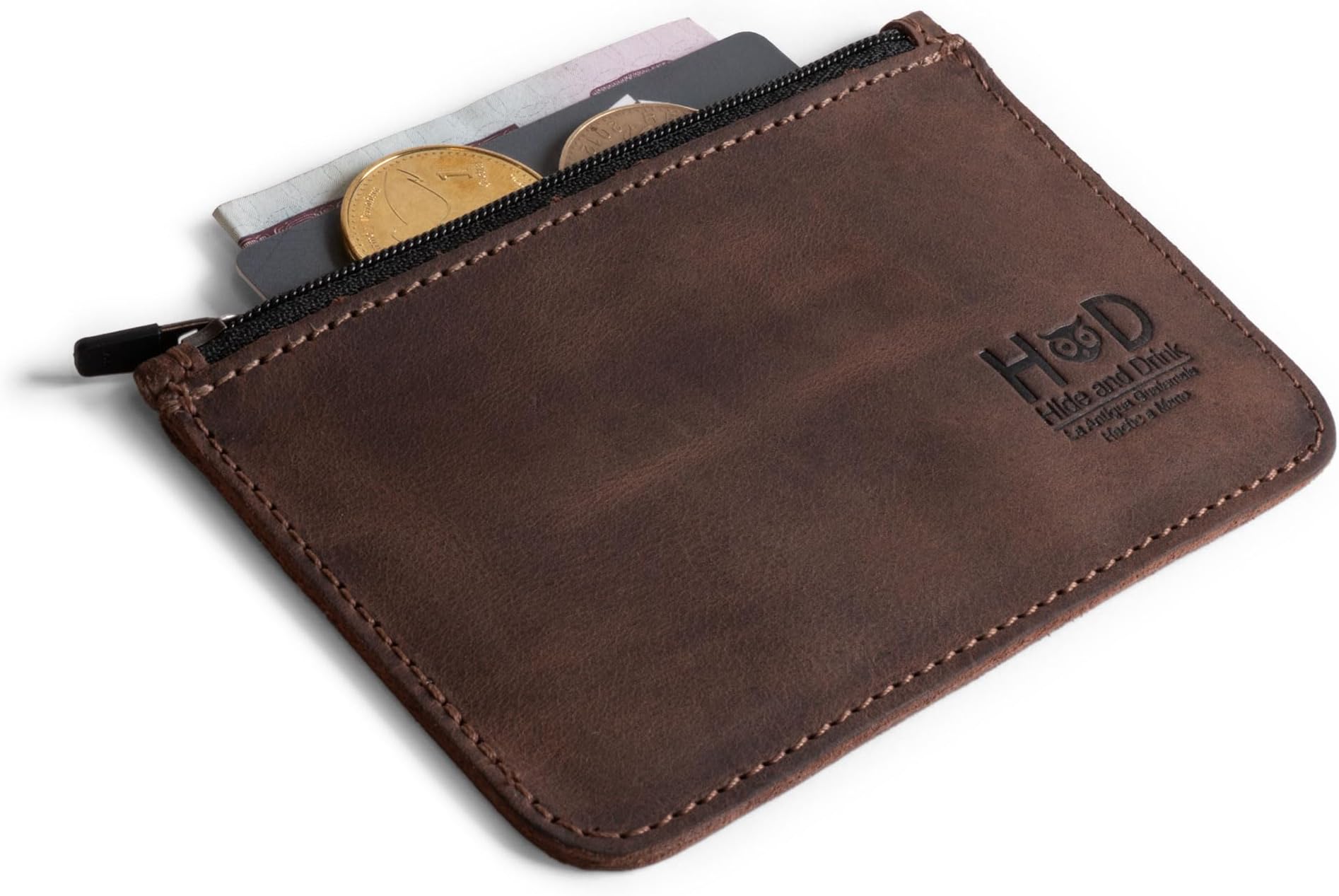 Zippered Wallet, Card Case, Folded Bills Storage, Coin Organizer, Travel Accessories, Full Grain Leather, Handmade, Bourbon Brown