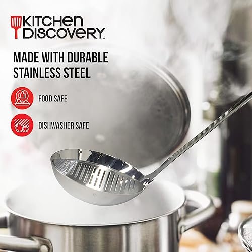 Miniatura 4 de Cucharón colador de acero inoxidable  Kitchen Discovery  Cucharón colador 2 en 1 para sopas y guisos drena líquidos de sólidos. Cucharón para servir