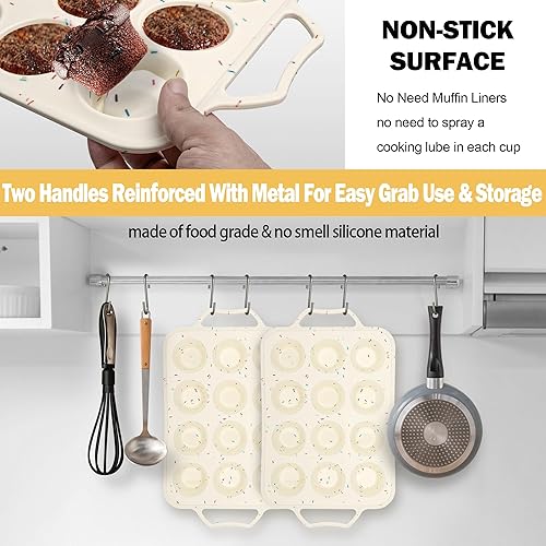 Miniatura 6 de Paquete de 2 moldes de silicona para magdalenas para hornear con marco reforzado de metal, 12 moldes para hornear cupcakes antiadherentes para