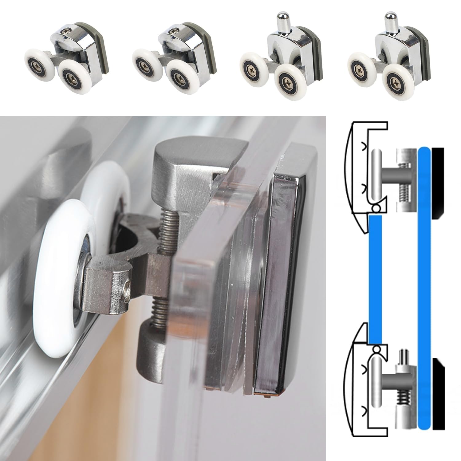 4 ruote per porta doccia, ruote per porte in vetro, ruote regolabili in altezza, doppie ruote superiori superiori doppie in vetro, adatte per tutti i tipi di bagni (25 mm)