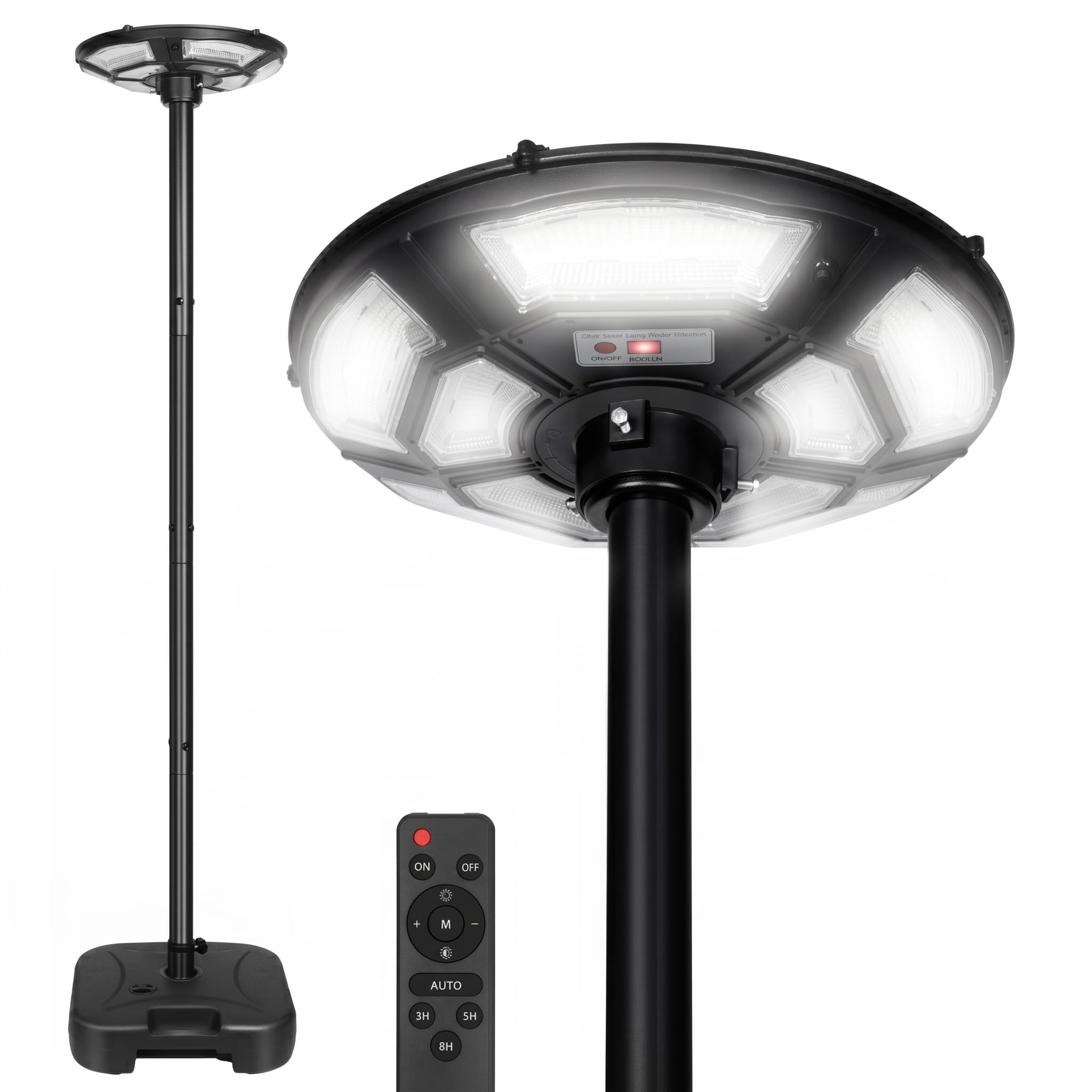 Solarlampen für Außen mit Standfuß 12000mAH, 3200LM Solar Straßenlaterne mit 750 LED, 360° Beleuchtung Solarstrahler Außen mit Bewegungsmelder, IP65 Wasserdicht Gartenlampe für Hof, Garage, Camping
