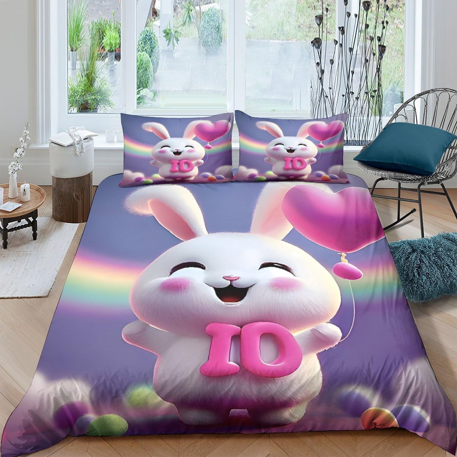 TUFRTGYHN 3D Printed Cute Bunny Duvet Cover Microfiber Soft Breathable Rainbow Heart Bedding Set with 2 Pillowcases for Bedroom Home Decor Single（135x200cm）