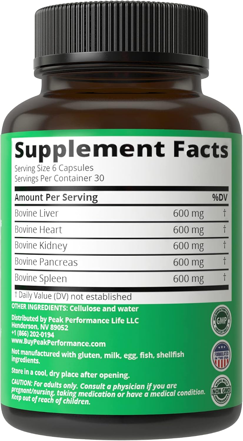 Peak Performance Grass Fed Beef Organ Complex (180 Capsules) Desiccated Organs Superfood Pills Rich in Antioxidants, Enzymes, Vitamin B12. Made from Liver, Heart, Kidney, Pancreas, Spleen