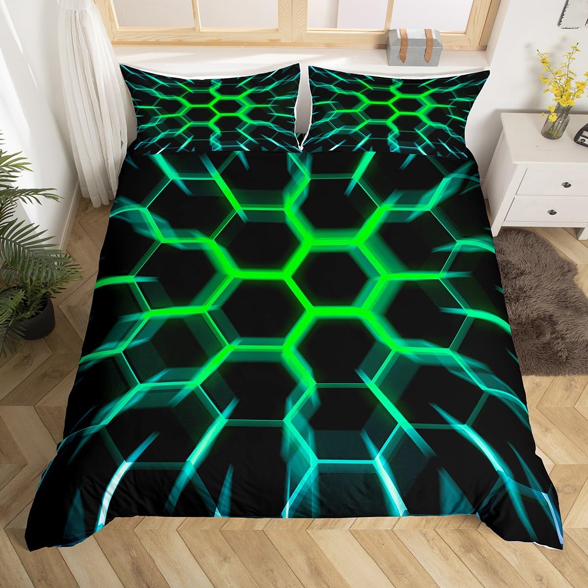 Homewish Honeycomb Bedding Set Black Green 3D Geometric Beehive Hexagon Duvet Cover King Gamer Room Decor for Boys Kids Men,Neon Light Geometrical Honeycomb Comforter Cover Glowing Hexagonal Bed Set