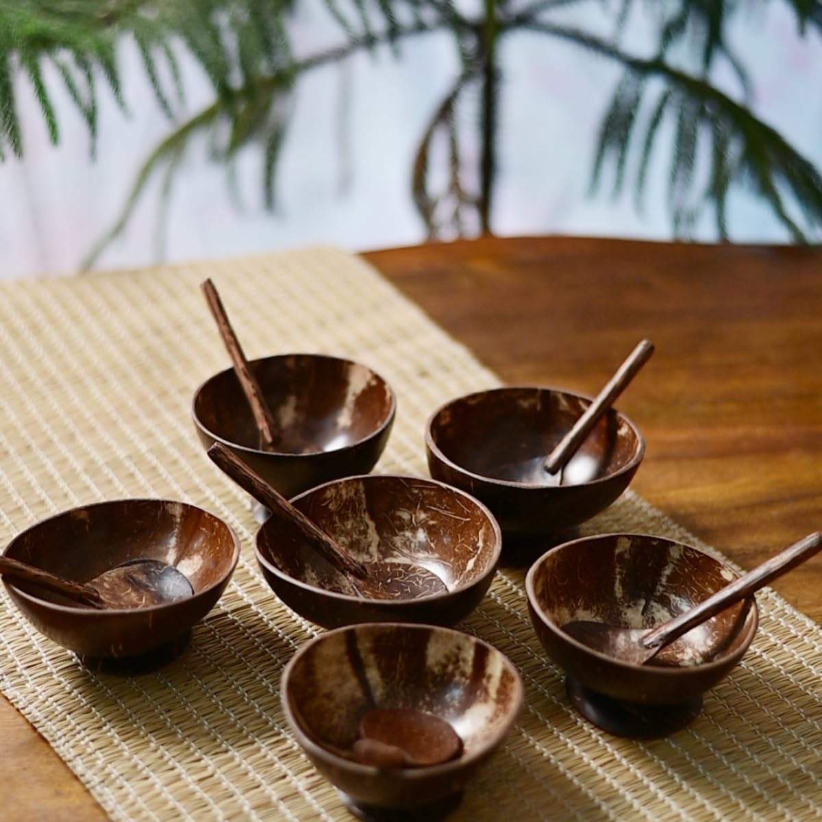 KADAM HAAT Coconut Shell Bowl and Spoon Set of 6-500ml Natural Wooden Serving Bowls | Sustainable Handcrafted Kitchenware for Ice Cream, Snacks, Salads, Sauce, Fruits and Parties