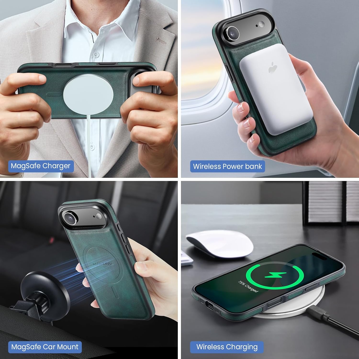 Compatible with MagSafe Wallet Phone Case for iPhone Air, 2 in 1 Magnetic Detachable, Premium PU Leather Slim Shockproof RFID Blocking 4 Card Holder 360 Rotatable Ring Stand (Green) - Image 4