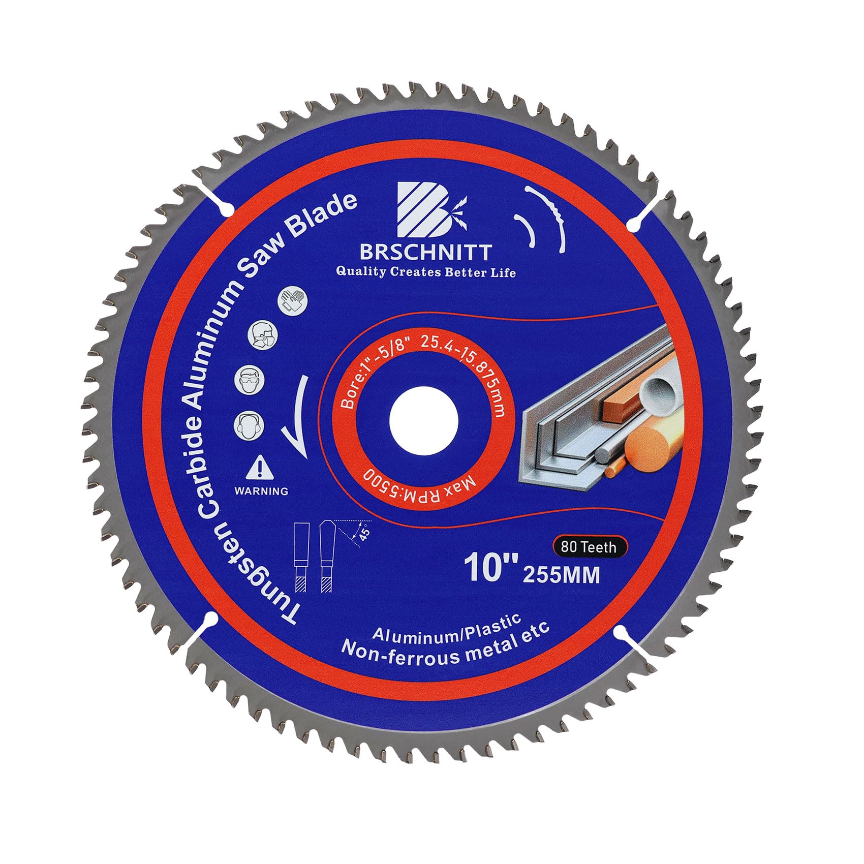 BRSCHNITT 10Inch 80Tooth TCG Aluminum and Non-Ferrous Metal Saw Blade - for Cutting Aluminum Plastics and Non Ferrous With1 Arbor and 5/8" Bore Washer