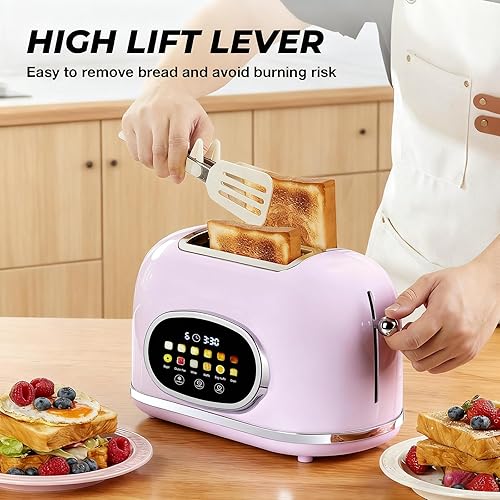 Miniatura 7 de Roter Mond Tostadora de 2 rebanadas con pantalla táctil inteligente, tostadora de pan retro de acero inoxidable con temporizador digital, modo de