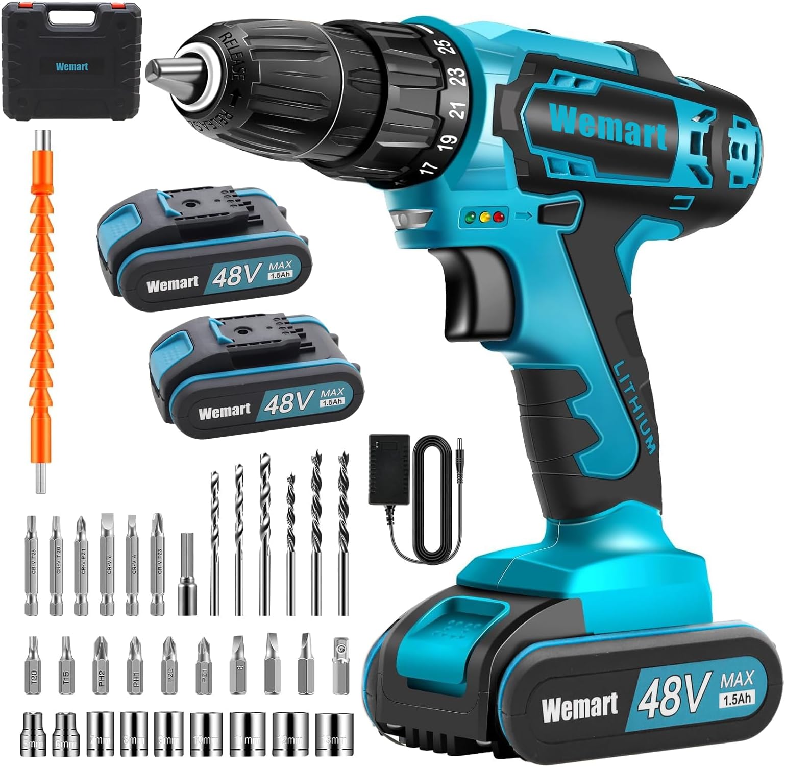 Cordless Drill Set, 48V Electric Drill with Drill/Screwdriver Bits, 2 Variable Speeds, 25+1 Torque Setting Battery Power Drilling Driver for Plastic, Wood, Metal, Screws (blue)