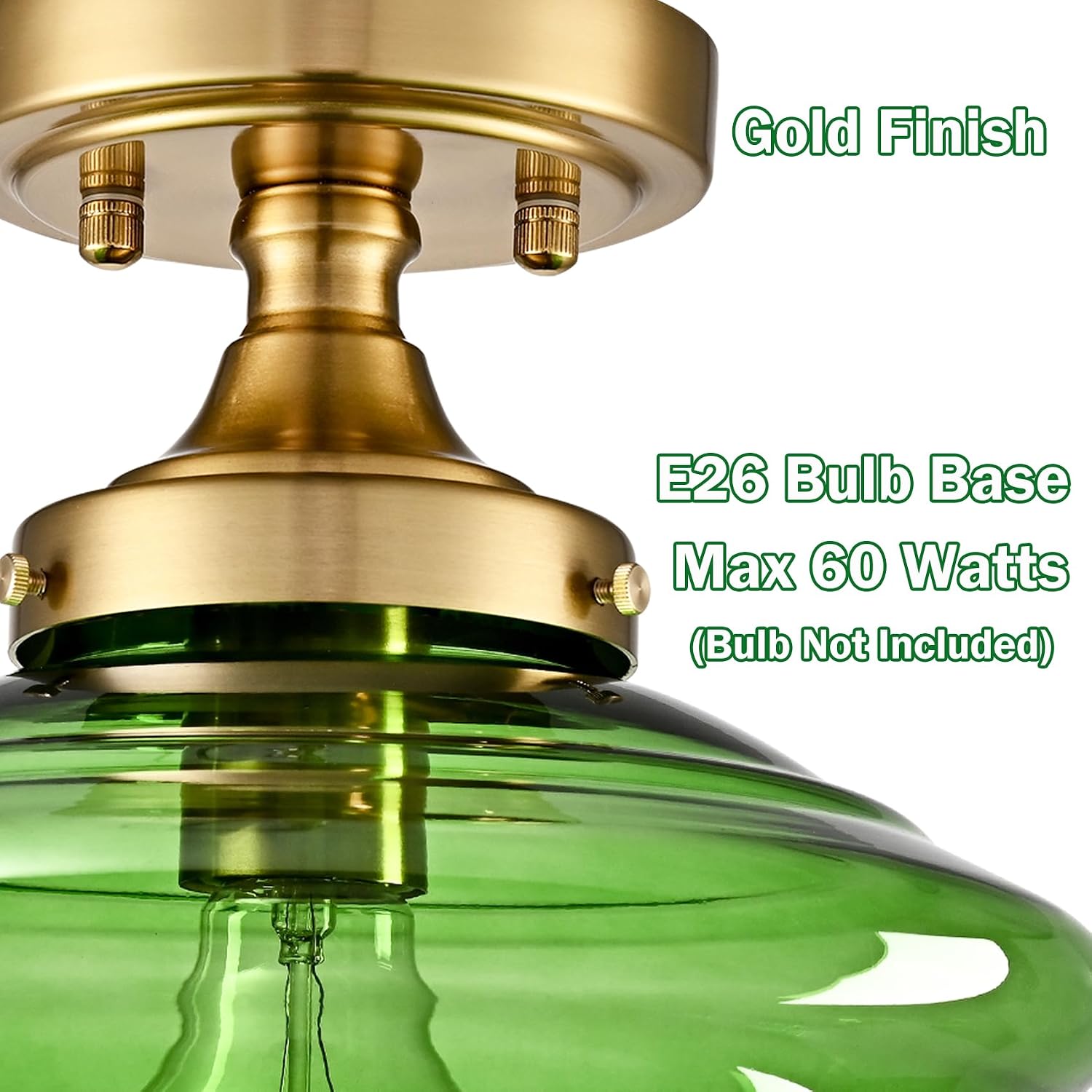 SAMTEEN Schoolhouse Light Fixtures Gold Ceiling Light 10-Inch Modern Green Glass Semi Flush Mount Ceiling Light Vintage Brass Hallway Light Fixtures for Bedroom Kitchen Entryway Living Room