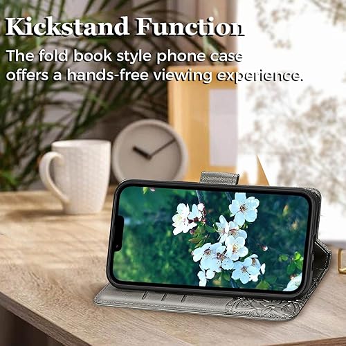 Miniatura 10 de Funda tipo cartera diseñada para iPhone 13 para mujer, funda tipo folio con diseño de mariposa en relieve, piel sintética, soporte para tarjetas de