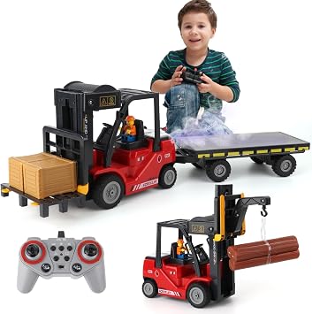 RC Forklift with Trailer, 2 in 1 Transform Lift Fork & Hook, Kids Forklift Toy with Light & Sound & Spray, 11 Channel Remote Control Forklift, Construction Vehicles Toy Gift for Kids 6+ Red