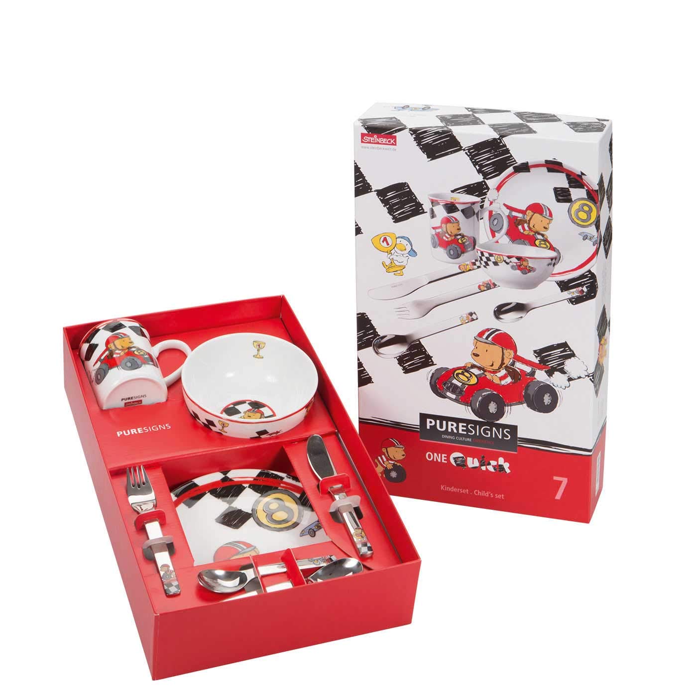 Puresigns Kindergeschirr Set 7-teilig QUICK, Keramik Geschirr & Edelstahl Besteck für kleine Helden - kindgerecht & spülmaschinenfest Fantasievolles Besteck