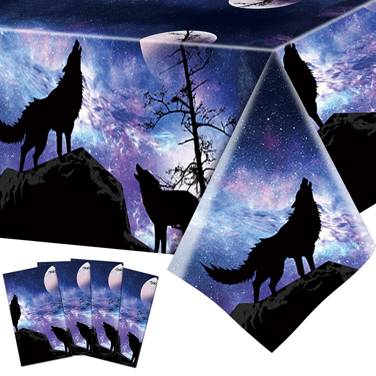 4Pcs Wolf Party Table Covers, Disposable Wolf Birthday Party Plastic Tablecloth, Wild Animal Galaxy Wolf Theme Party Decorations, 87 × 51 Inches