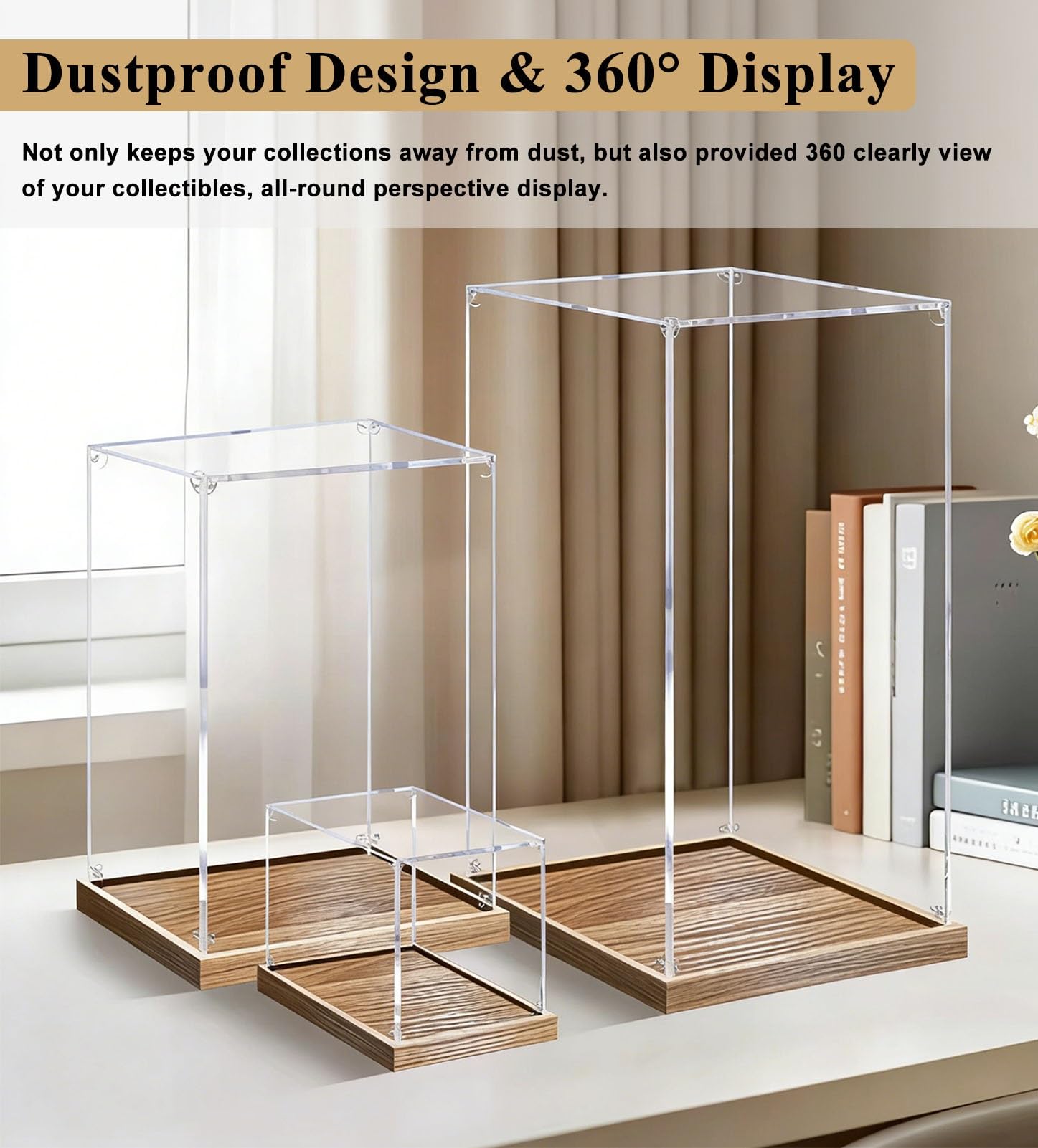 Teca Plexiglass Scatola Portaoggetti Lunga in Acrilico, 20, 30, 40, 50, 60, 70, 85 cm, Vetrina Trasparente per Oggetti da Collezione, Base in Legno Spazzolato(50x25x25cm/20x10x10in)