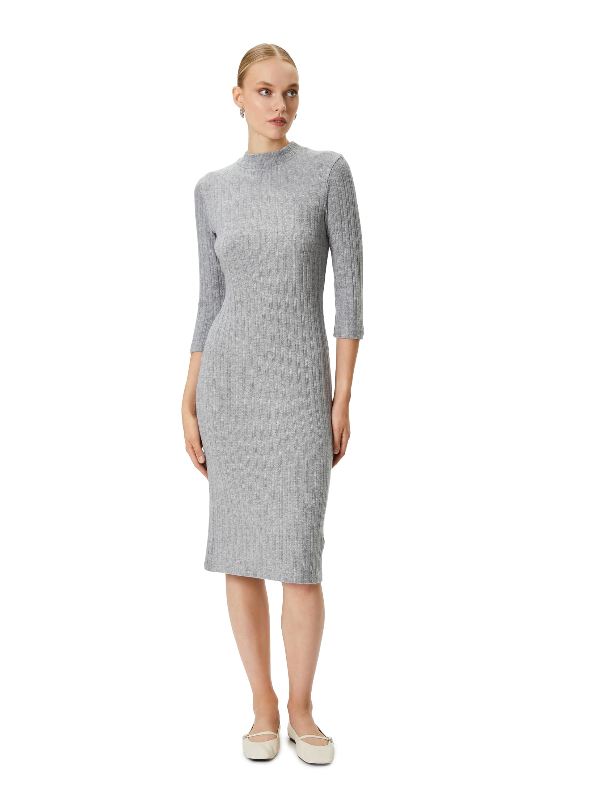 Midi Triko Elbise Yarım Kollu Bisiklet Yaka Slim Fit