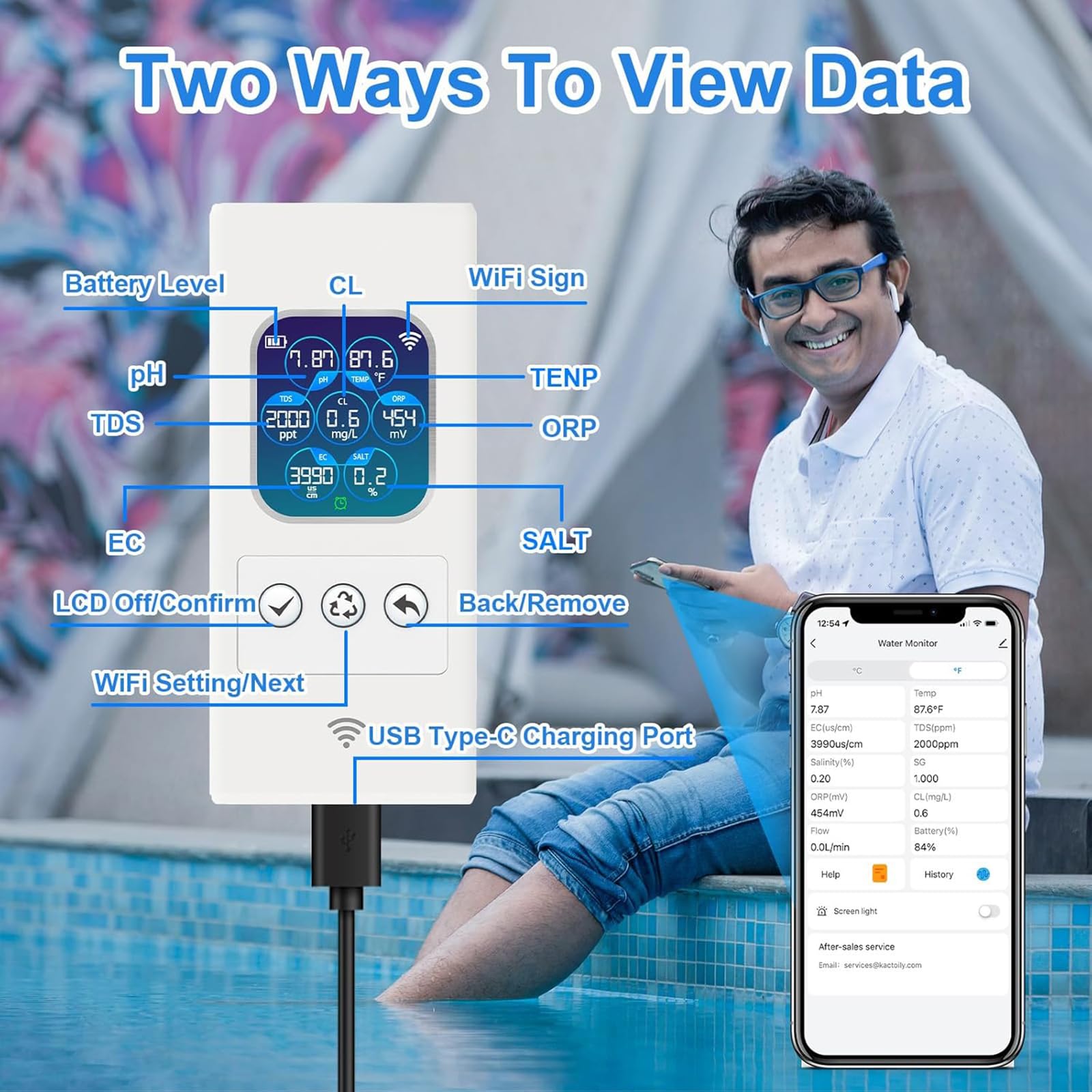 Digitaler Pool Salztester – 7-in-1 Messgerät Für PH, Salz, Temperatur Uvm.