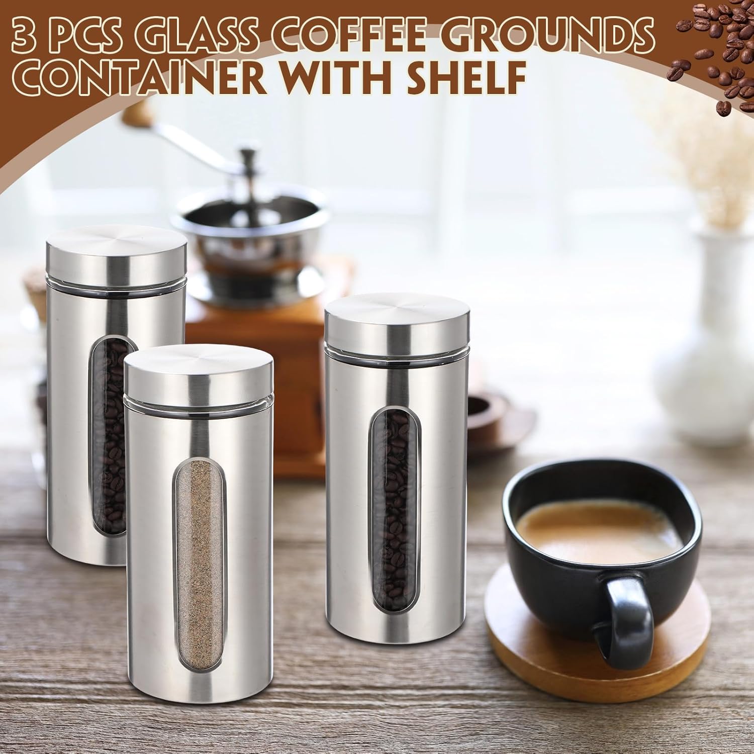 Suclain Stainless Steel Coffee Grounds Canisters with Shelf 3 x 50oz Sugar Coffee Bean Storage Container with Airtight Threaded Lid, Glass Window, Scoop Kitchen Storage Jar Set for Bar Creamer Nut Tea - Image 6