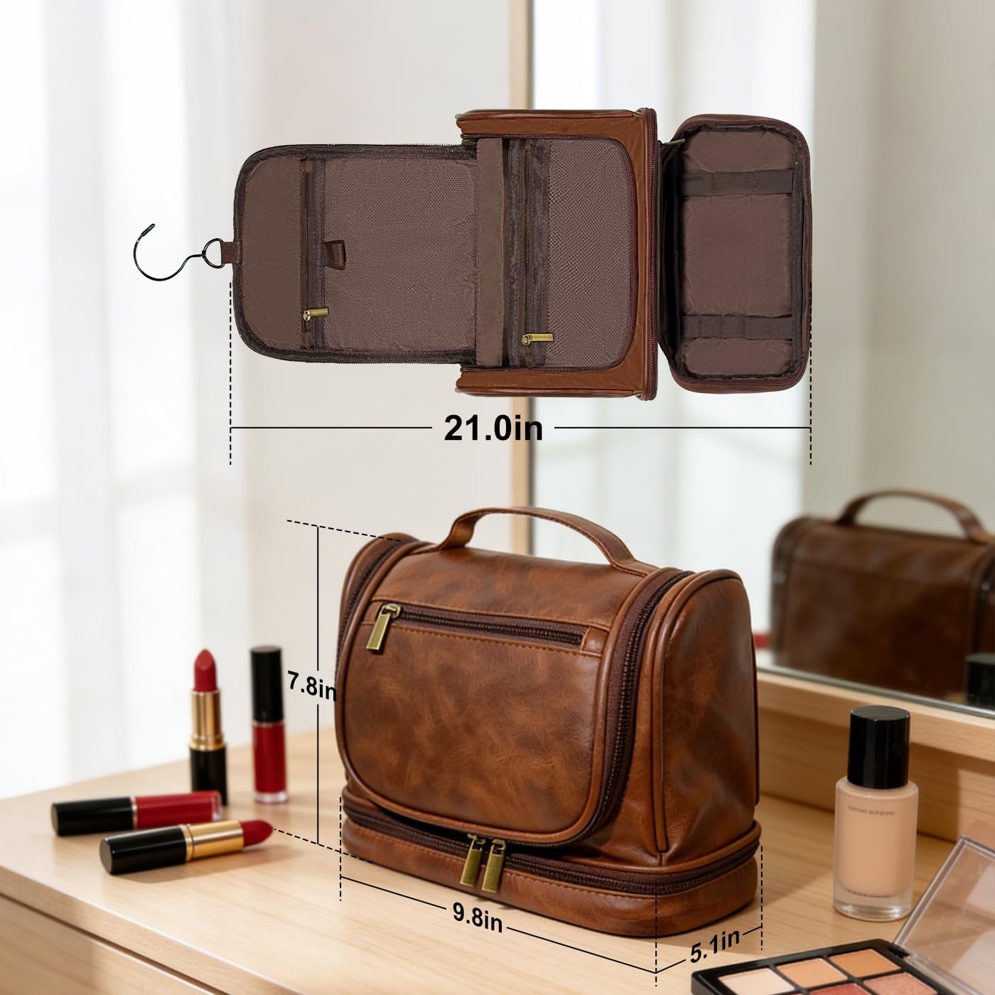 Travel Toiletry Bag For Men and Women, Leather Hanging Toiletry Organizer, Waterproof with Separate Compartments, Travel Kit for Gym Camping and Mens Gift (Dark Brown) - Image 2