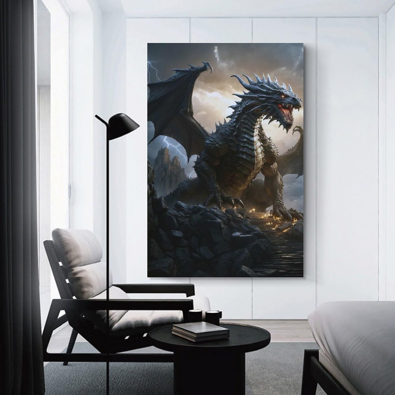 Junmoney Majestic Dragon on Stone Steps Canvas Wall Decor 08x12inch(20x30cm), for Workspace Walls, Study Corners Or Bedrooms, Decorative Artwork for Productive Spaces