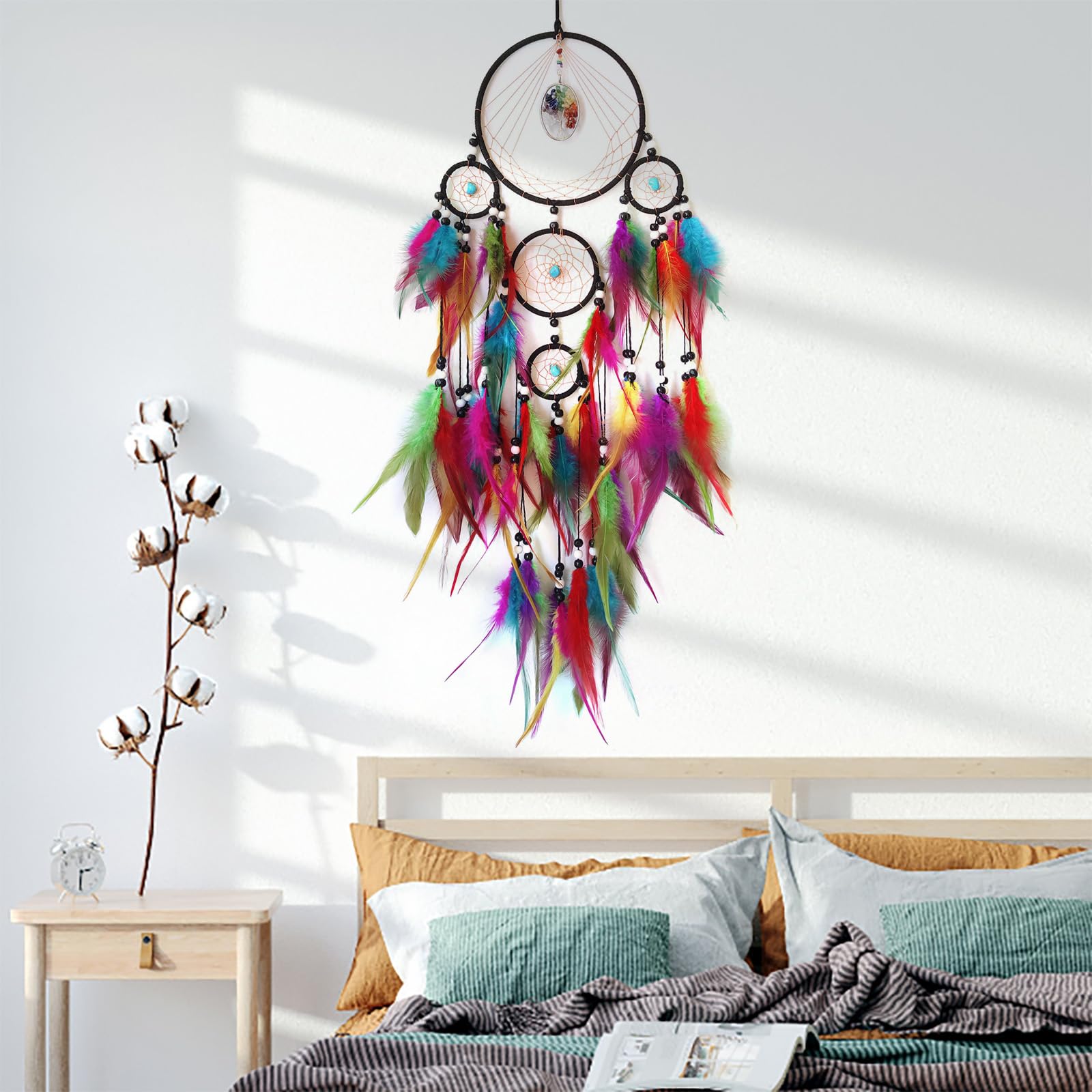 Traumfänger für Schlafzimmer und Erwachsene, große Wandbehang mit Kristallen, bunte Feder-Traumfänger für Kinder, Jungen, Mädchen, Hochzeitsfeier, Dekoration | Handgefertigt, Wanddekoration, Wandbehang, Ornament, Schlafzimmer, Wohnzimmer, Heimdekoration