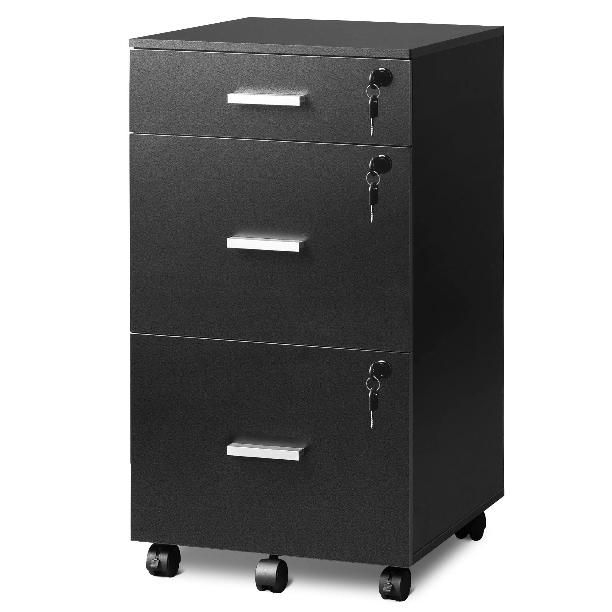 DEVAISE Caisson de Bureau 3 Tiroirs Verrouillable, Meuble sous Bureau avec Support Imprimante, Rangement pour Formats Lettre/Légal/A4, Noir