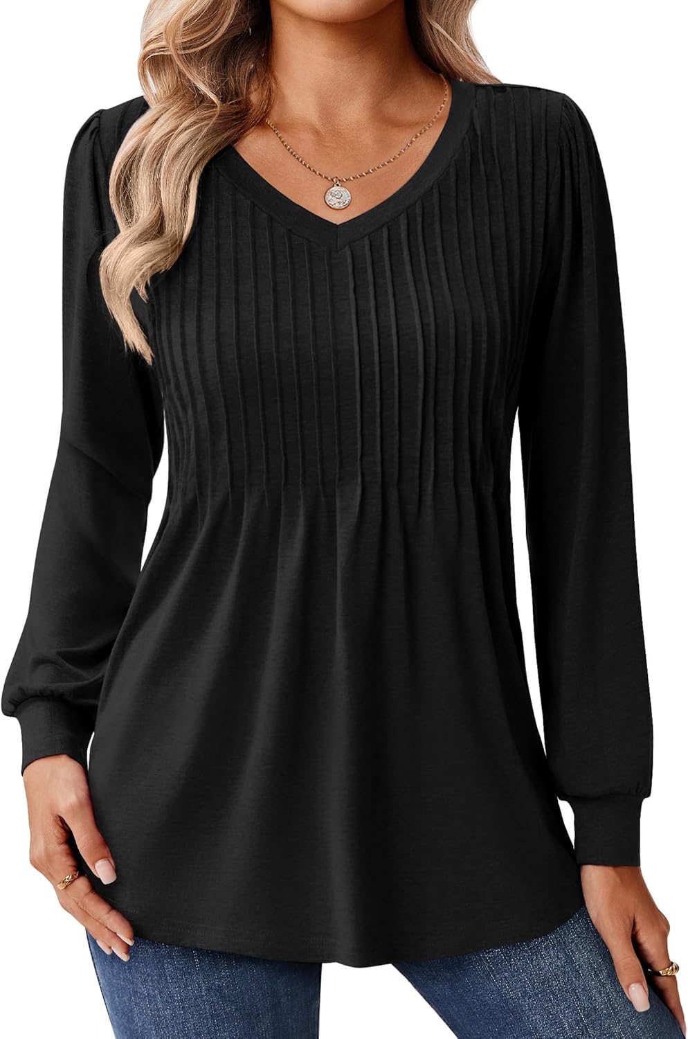 Zeagoo Long Sleeve Shirts for Women Casual V Neck Top Pleated Floral Boho Blouses 2026 Fall Tunics