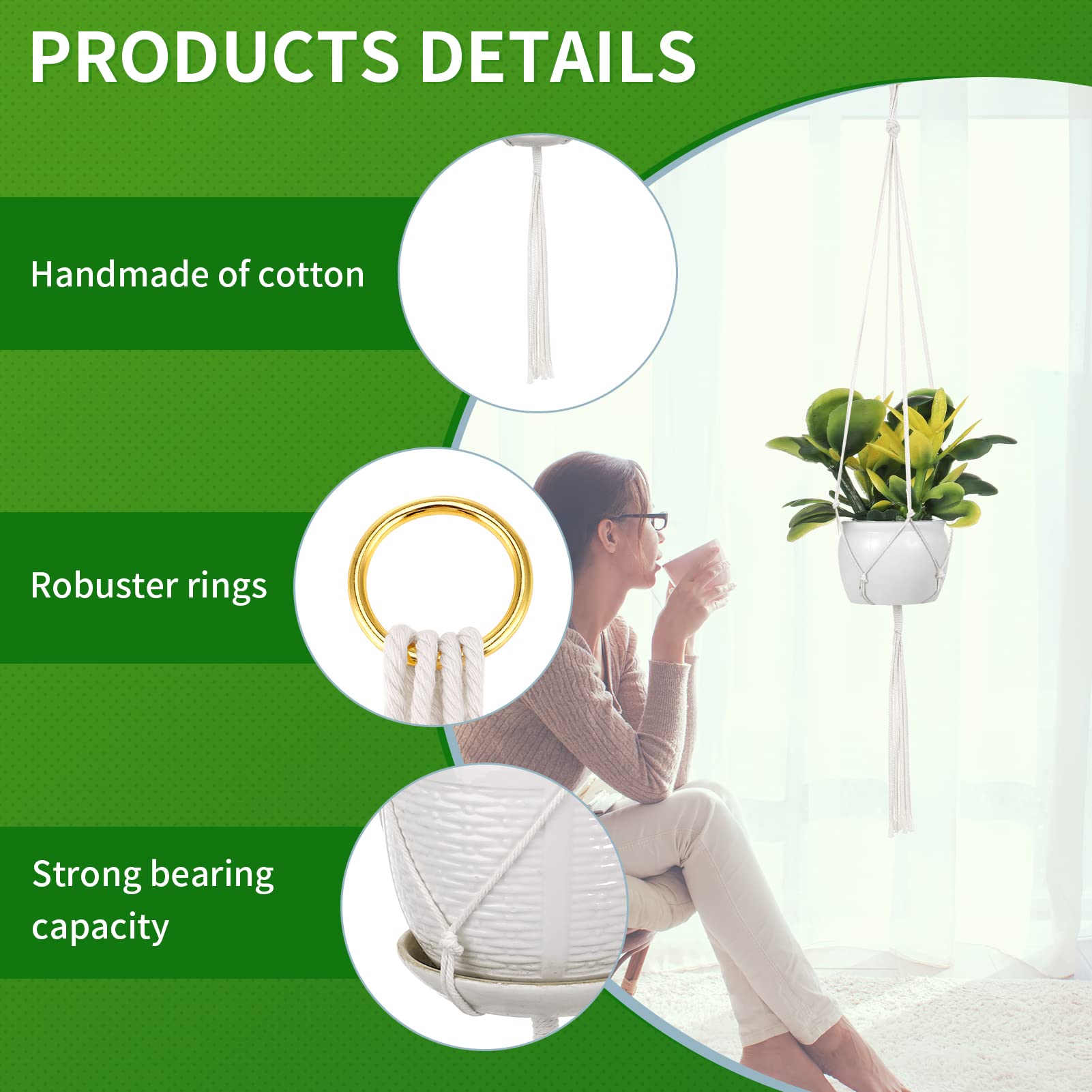 YuanDiann Set di 2 fioriere macramè, corda di cotone autoirrigante, da appendere per piante interne, esterne, verde + grigio, 16,5 cm x 15 cm