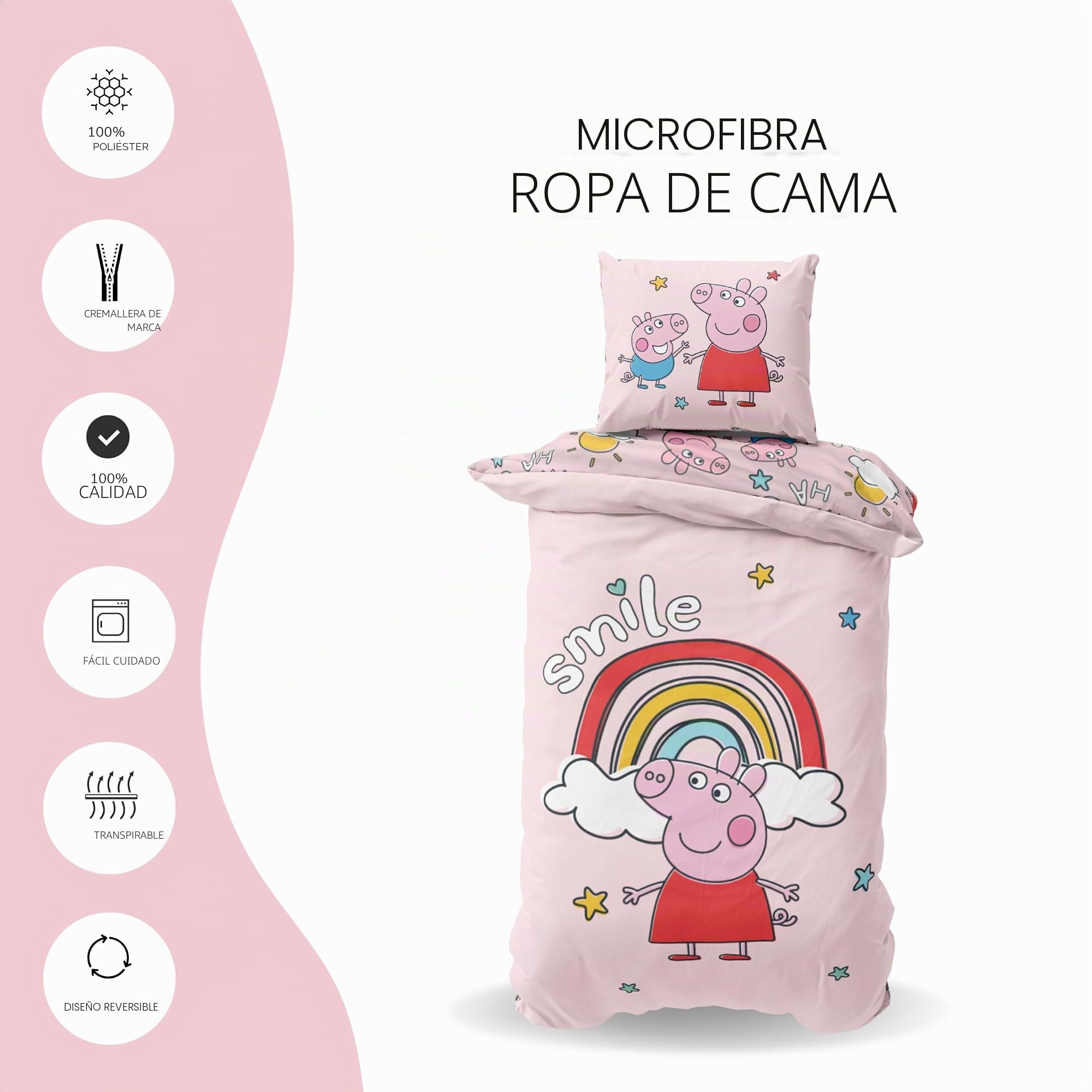 Juego de cama infantil Peppa Pig 135 x 200 cm para niñas y niños, 1 funda de almohada de 80 x 80 cm + funda nórdica de 135 x 200 cm, idea de regalo para niñas, Peppa Pig & George – Smile Rainbow