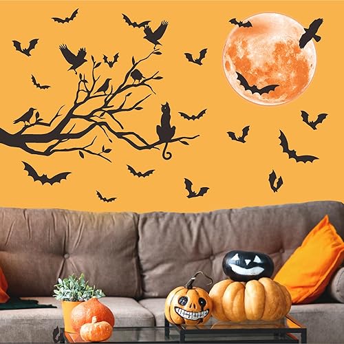 Vista 3 de Halloween Moon Wall Sticker Black Bat Wall Stickers Vinyl Crow Bird Tree Branch Wall Decals Removable Halloween Moon Bat Wall Decals Bats Window