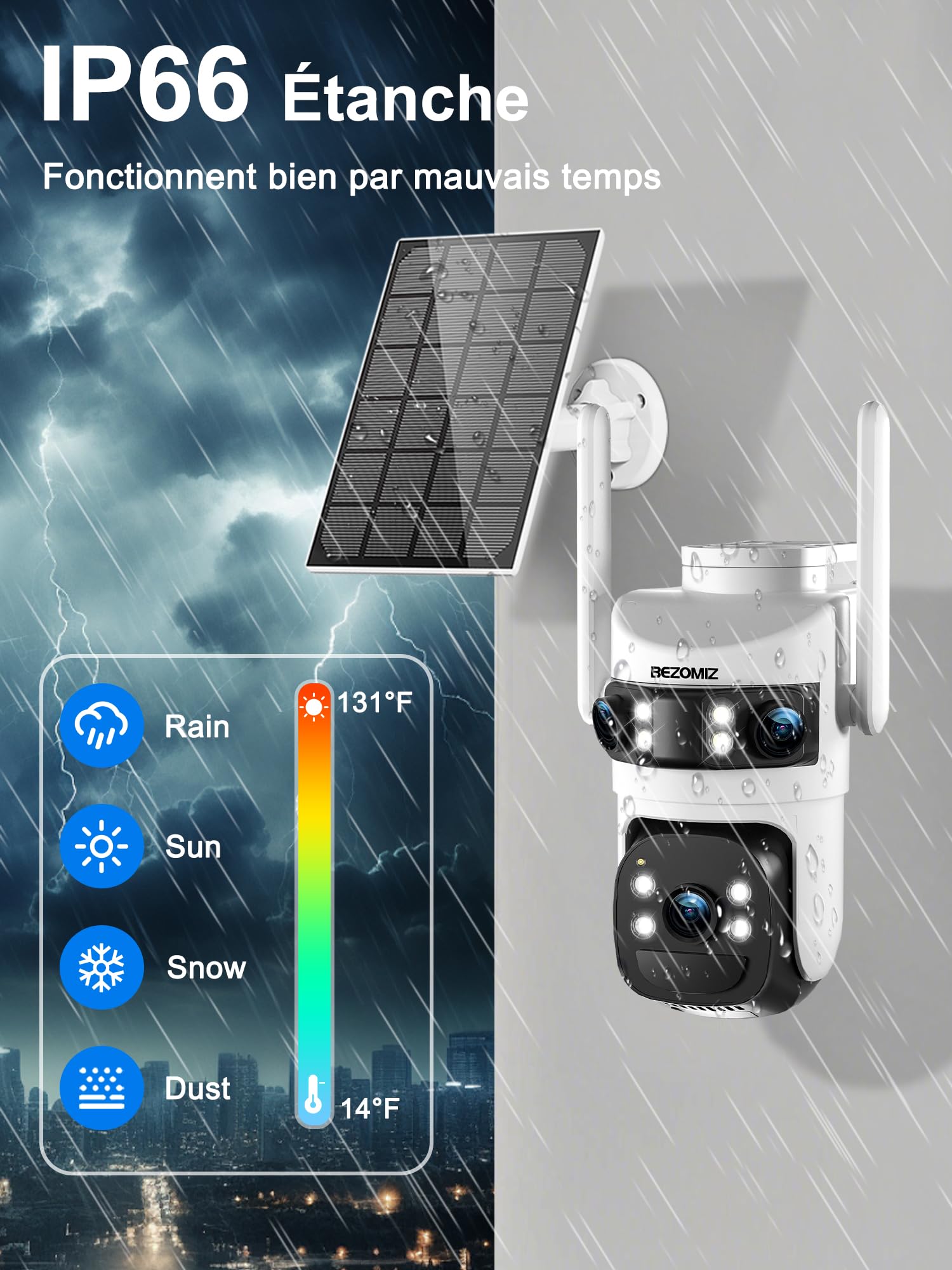 4K Caméra Surveillance WiFi Extérieure à triple objectif,360° PTZ Camera Solaire,12MP Détection Humaine,avec Batterie,Suivi Automatique,Vision Nocturne Couleur,Étanche,Audio Bidirectionnel,2.4/5G WIFI