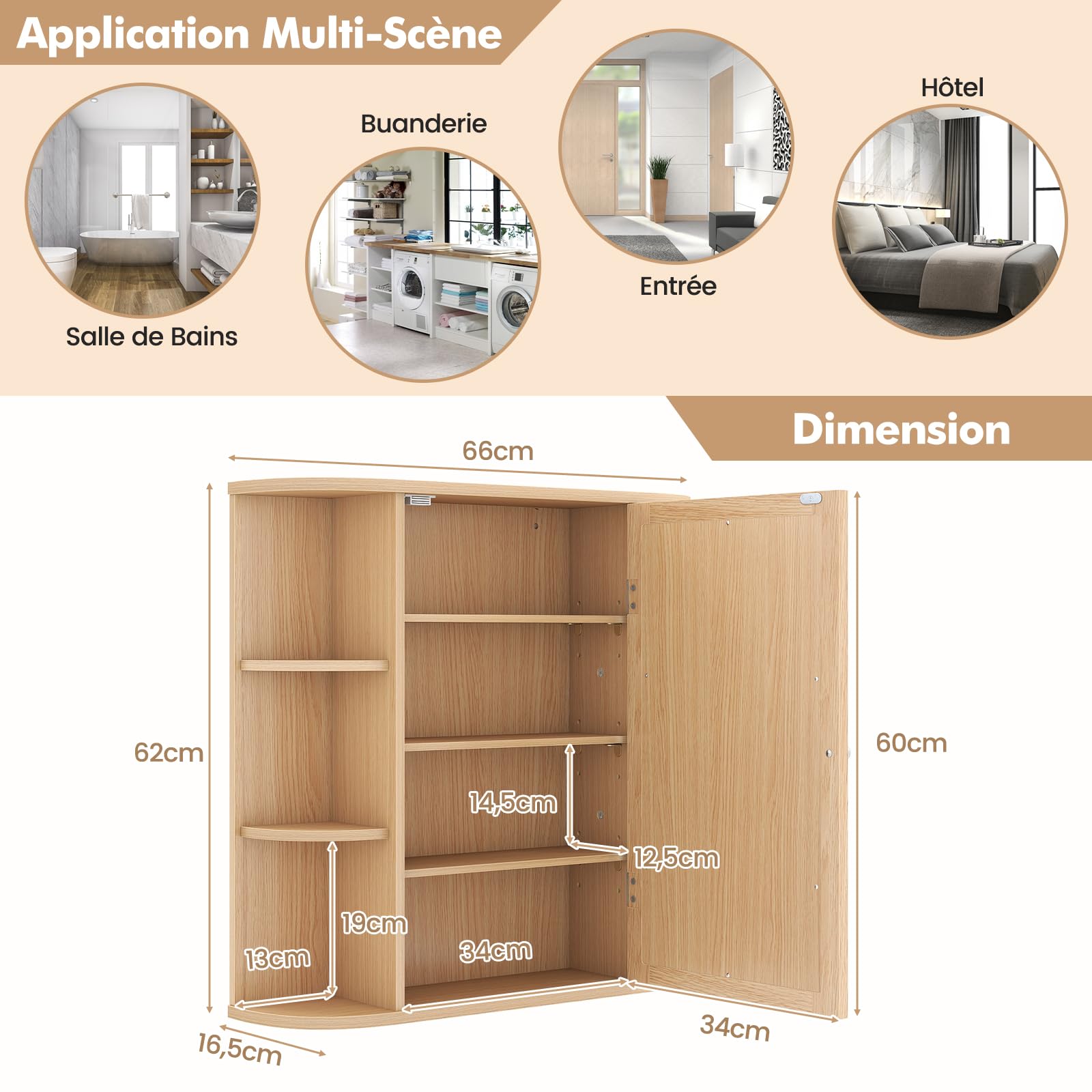 COSTWAY Armoire Murale de Salle de Bains avec Miroir avec Etagères Réglables et Compartiments Ouverts Armoire à Pharmacie pour Toilette (Naturel) (Naturel)