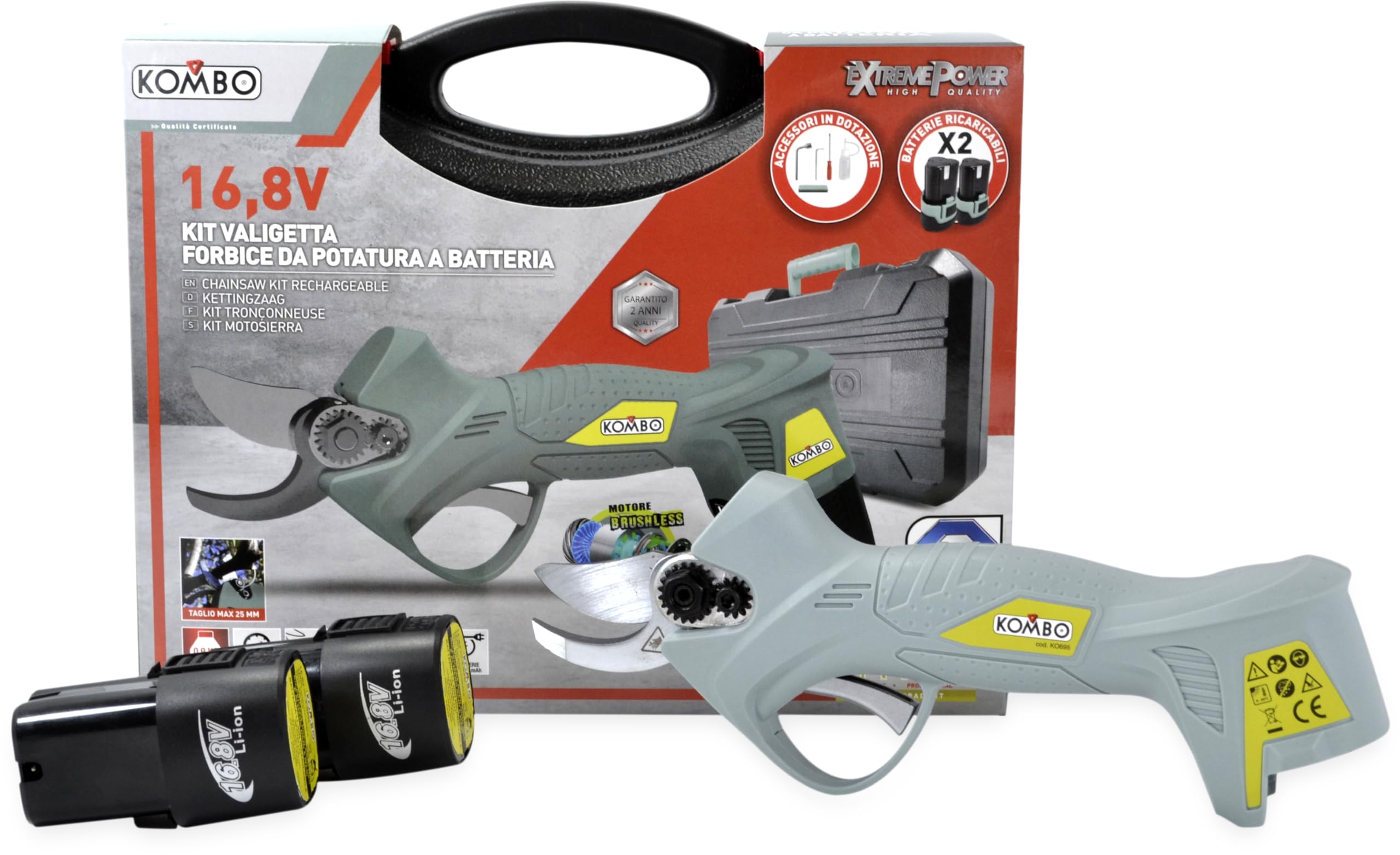 KOMBO Garden - Kit de tijeras de podar eléctricas profesionales con 2 baterías de 16,8 V - Motor sin escobillas, hoja de acero SK5, 3 aberturas de corte (10-17-25 mm), 3000 cortes con 1 carga, maletín