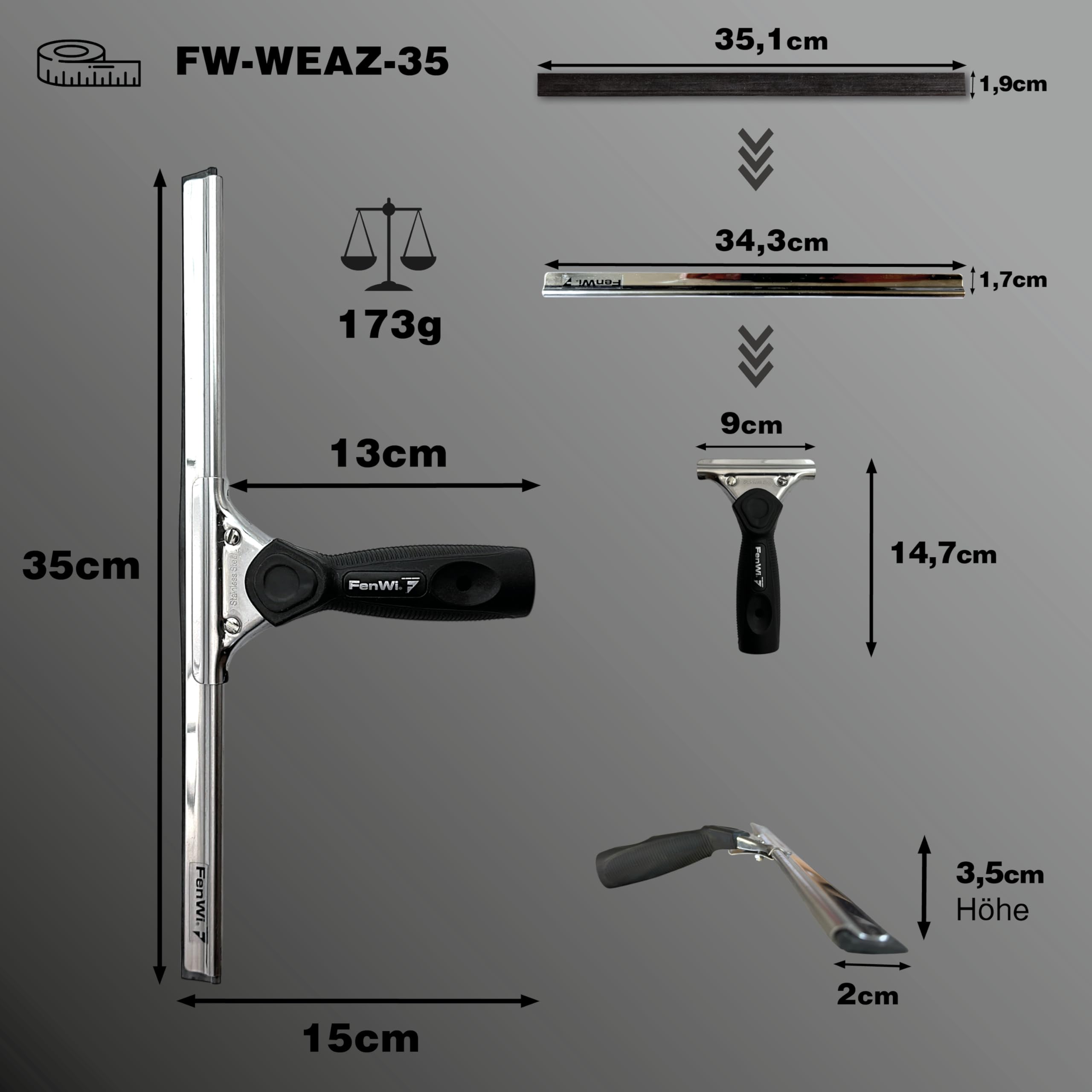 FenWi Fensterabzieher mit Gummilippe in 35cm Breite/Duschabzieher/Abzieher mit Edelstahl-Abziehschiene als Glasabzieher zum Fensterputzen