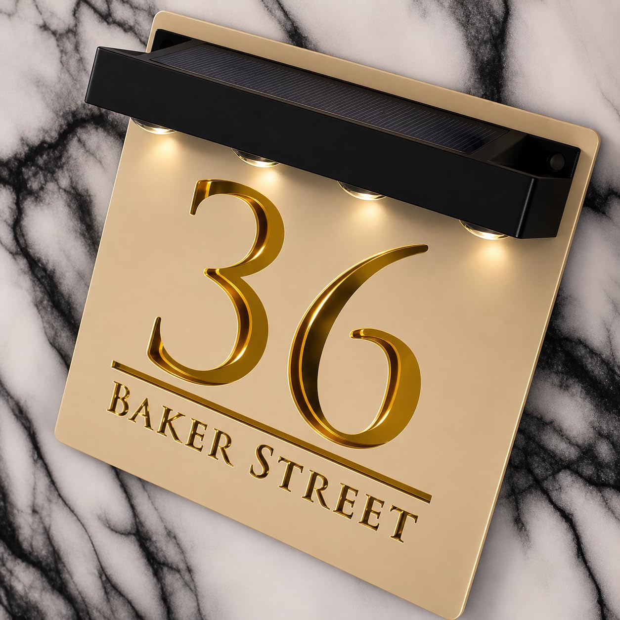 K Smart Sign | Bellissima S1 LED F32 | Square Solar Light House Signs Door Number Plaques With LED Personalised Name Address Sign For Wall With Classic Text (Matt Khaki & Gold Mirror)