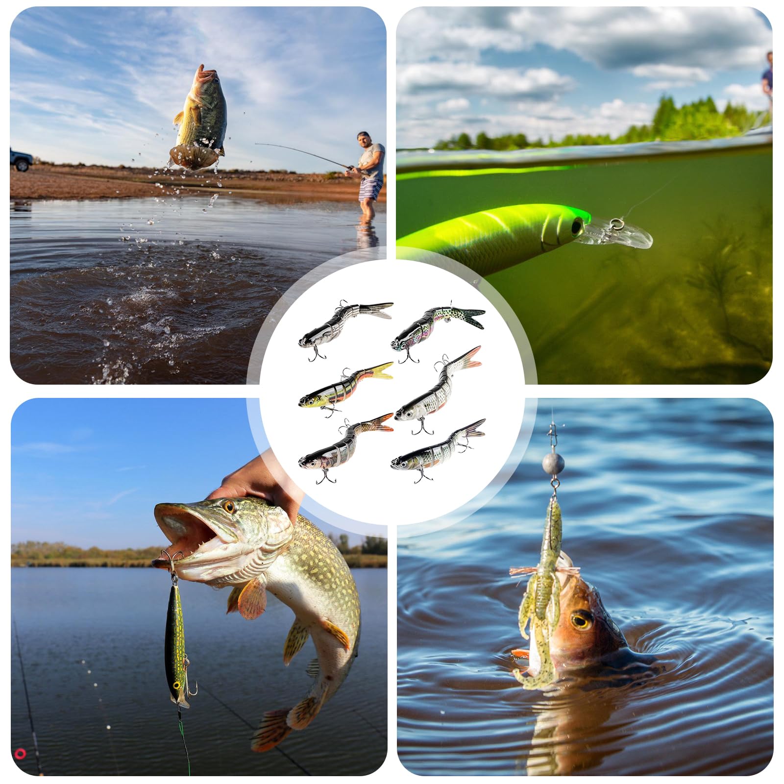 Lot de 6 Leurres de Peche Artificiels, Article de Peche pour Brochet, Leurres Realistes pour Sandre, Perche, Truite, Swimbait pour Eau Douce et Eau Salee