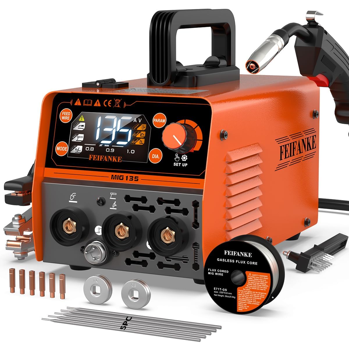 FEIFANKE MIG135 Gas Free Wire Welder 135A 230V Inverter Welder Mini Synergistic 3 in 1 Electrode MIG TIG Welding Machine Fast Wire Feed Compatible with Welding Thread E308LFC-O