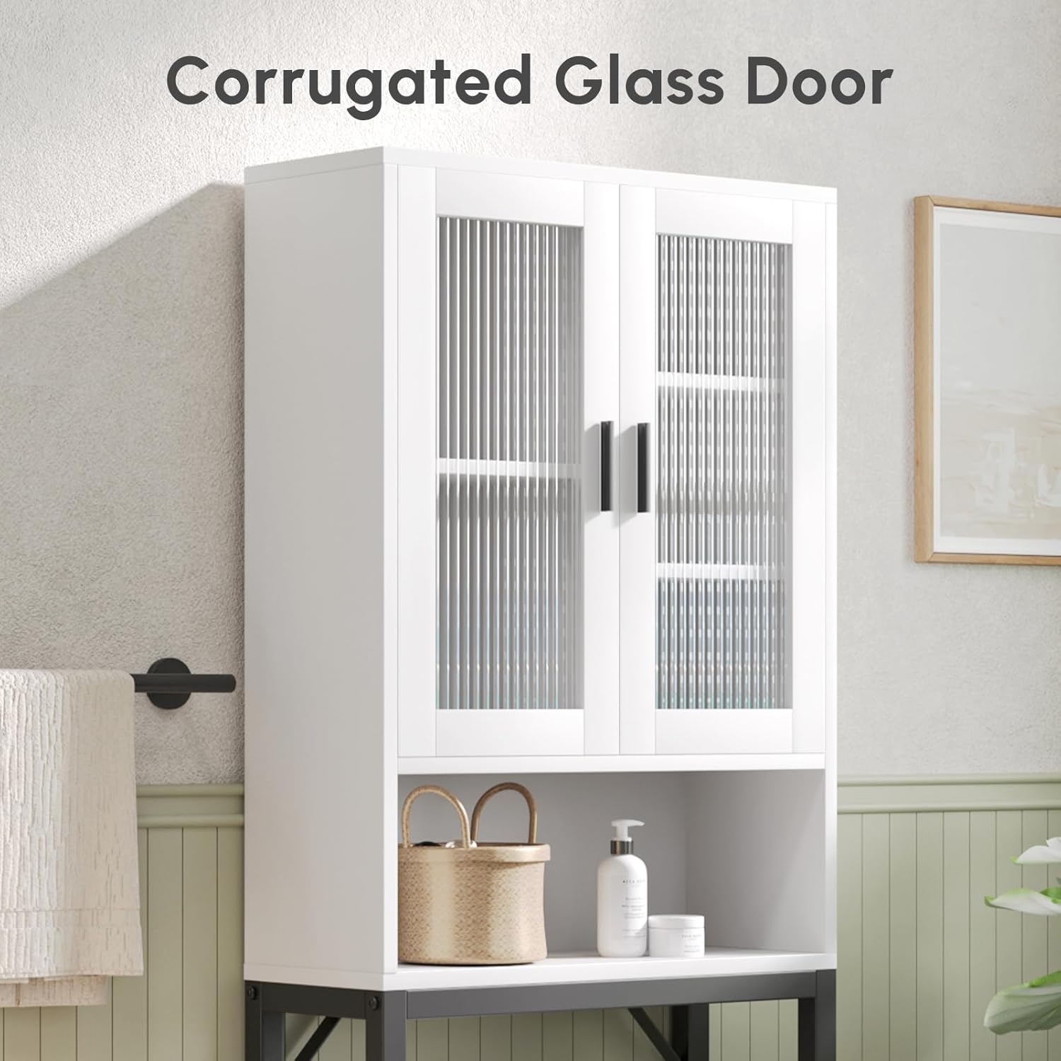 USHOWER Over The Toilet Storage Cabinet, Bathroom Organizer with Tempered Glass Doors, Thicken Metal Stand & MDF Wood, Freestanding Space Saver, White