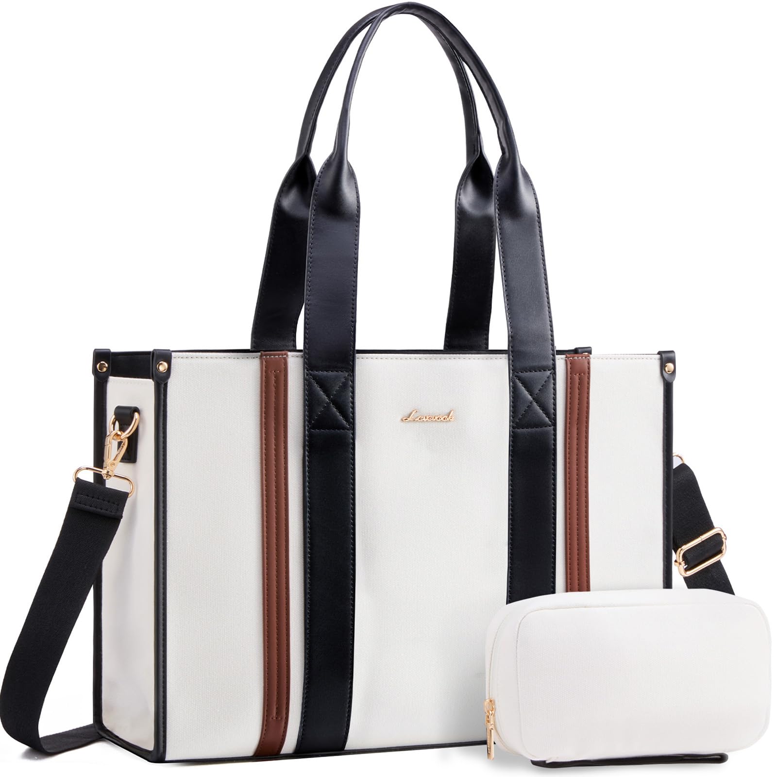 LOVEVOOK laptop bag for women 15.6 inch large canvas work tote bags with Clutch Purse water resistant computer bags for laptops for women Business Office Travel college Casual, Black White Brown