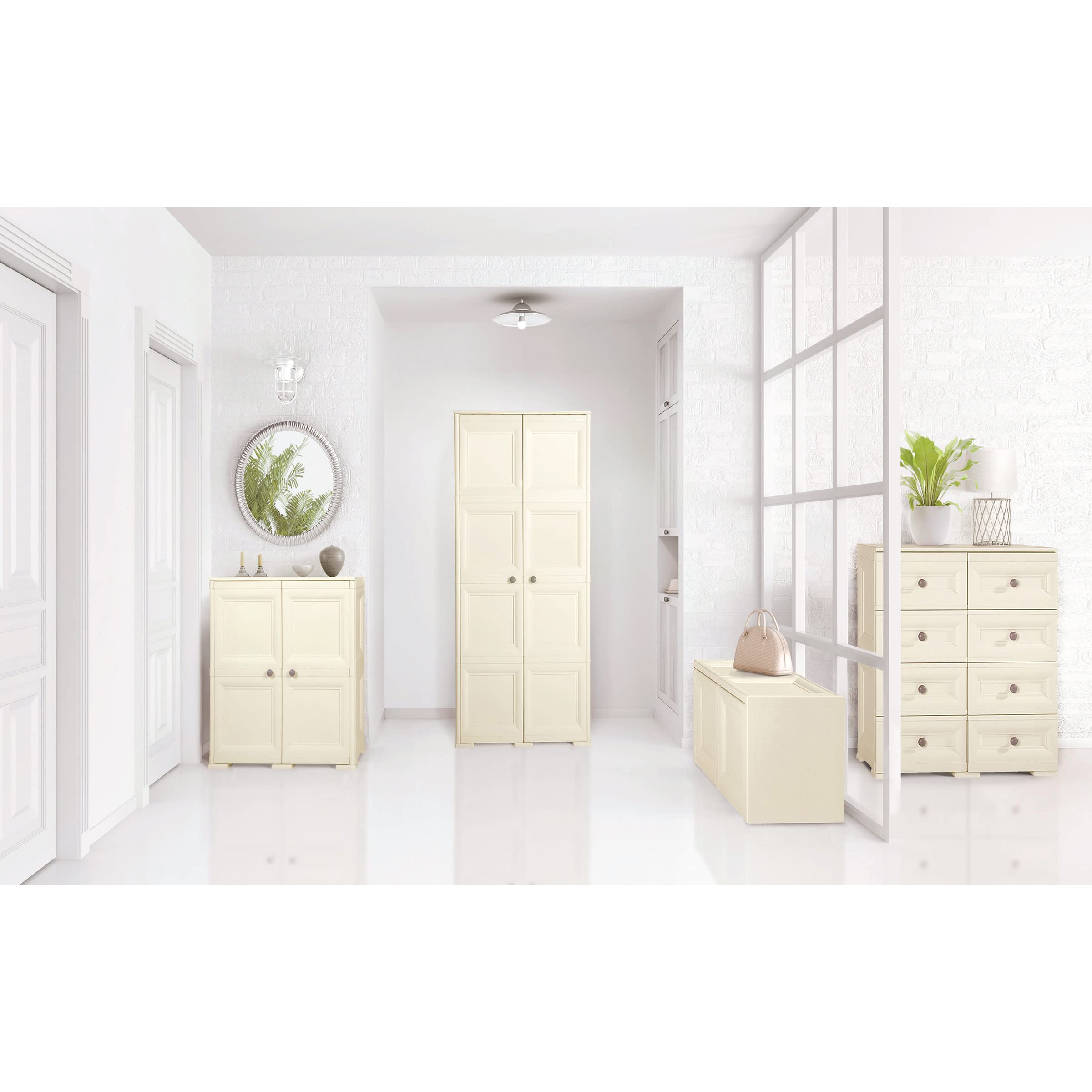 Omnimodus - Armario de almacenamiento de plástico con puertas; armario ligero con 1 estante para organización; fácil montaje, color crema 7